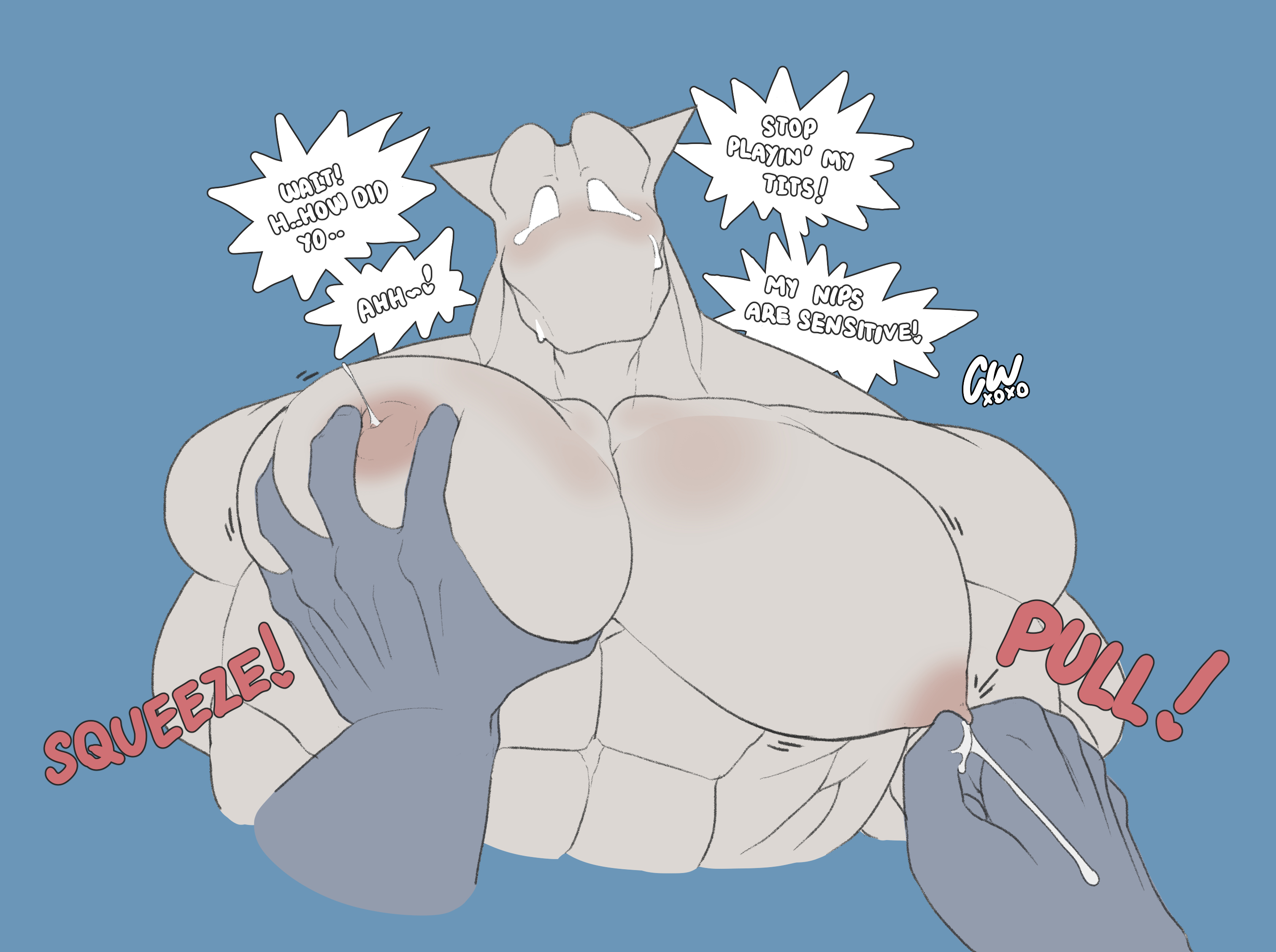 2boys, anon, blush, charcoalwaffle26, cwaffle, dialogue, english text, exhibitionism, faceless male, gay, hi res, humanoid, hunter (cwaffle), looking at another, male, male only, male/male, milking, muscular, muscular male, nipples, no visible genitalia, nude, pecjob, pecs, sex, sweat, text