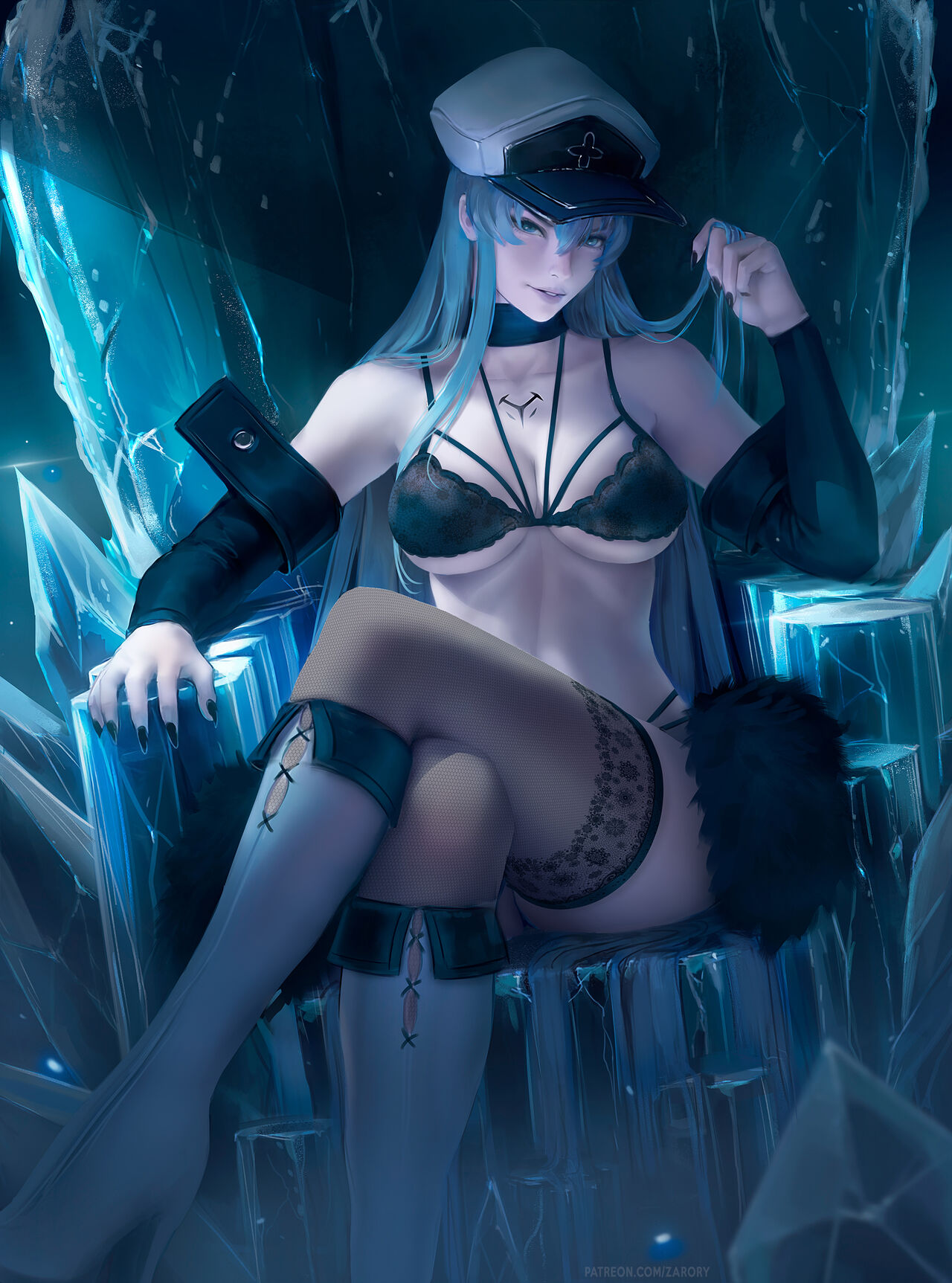 1girls akame_ga_kill! big_breasts black_nails blue_eyes blue_hair breasts casual crossed_legs esdeath_(akame_ga_kill!) solo zarory