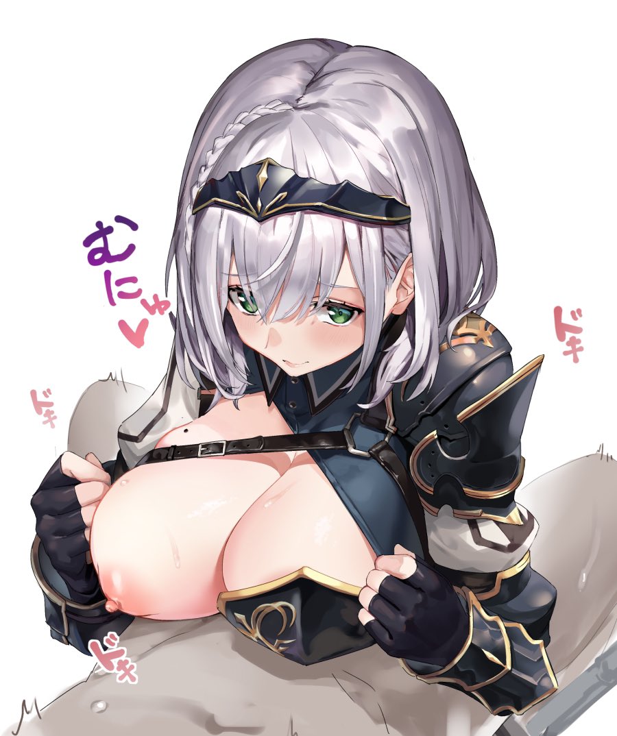 1boy armor armored_dress arou_(arrow_x666) black_gloves braid breasts chest_guard chest_harness chest_strap cleavage_cutout clothing_cutout collared_dress dress fingerless_gloves french_braid gloves greaves green_eyes grey_hair hairband harness hololive hololive_fantasy hololive_japan huge_breasts mole mole_on_breast nipples paizuri paizuri_under_clothes pauldrons penis pleated_dress pov puffy_sleeves shirogane_noel short_dress short_hair shoulder_armor single_pauldron solo_focus straight user_tnxs3577 vambraces virtual_youtuber wavy_hair