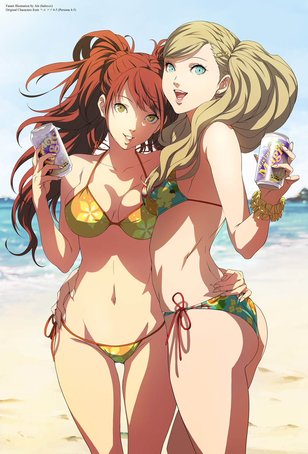 2girls, ale (ale halexxx), ann takamaki, ass, atlus, big ass, big breasts, bikini, blonde hair, blue eyes, breasts, brown eyes, brown hair, clothing, drink, female, female only, human, kujikawa rise, lovers arcana, megami tensei, multiple females, multiple girls, open mouth, pale skin, persona, persona 4, persona 5, soda, swimwear, twintails