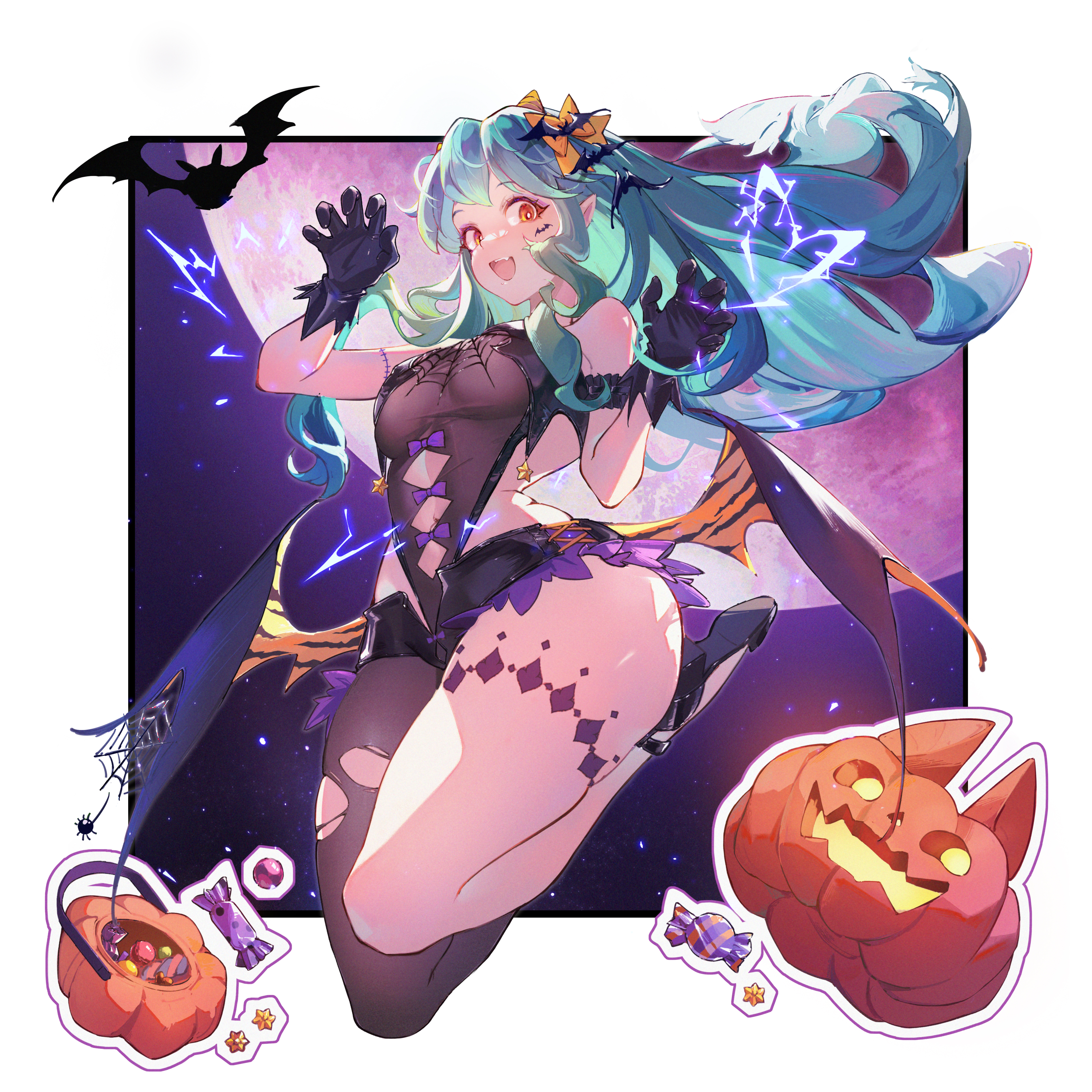 1girls, animal print, aqua hair, bangs, black gloves, bow, breasts, candy, female, food, gloves, hairbow, halloween, horns, jack-o'-lantern, leotard, long hair, looking at viewer, low wings, lum, medium breasts, open mouth, orange eyes, pandako, pointy ears, short shorts, shorts, single leg pantyhose, solo, tagme, tiger print, urusei yatsura, wings