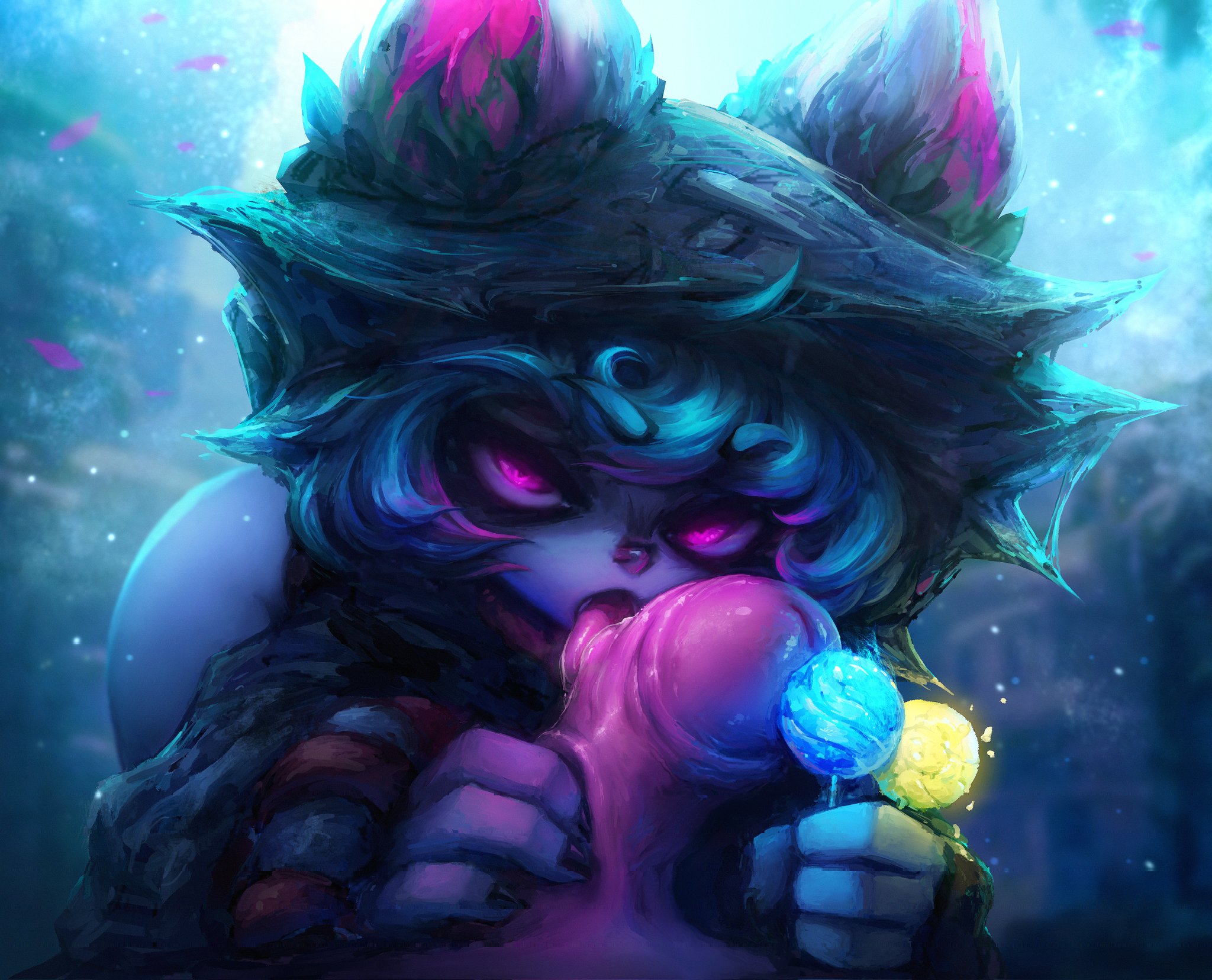 1boy, 1girls, animal ears, blowjob, female, green hair, hair ornament, holding penis, hoodie, league of legends, licking penis, lolipop, looking at viewer, male, mikasleepz, partially clothed, penis, purple eyes, short hair, vex (league of legends), yordle
