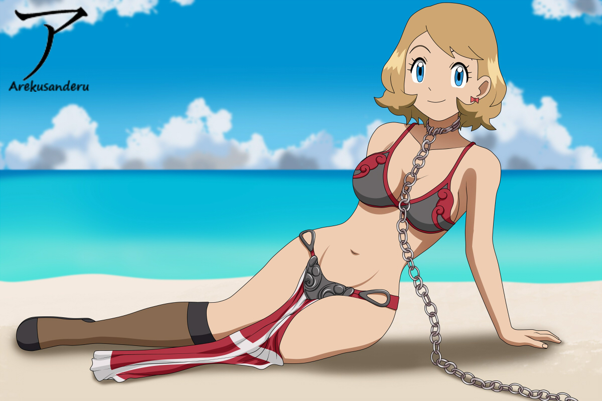 1girls, arekusanderu, beach, chains, female, leash, pokemon, pokemon (anime), pokemon journeys, pokemon xy (anime), serena (pokemon), slave, slave bikini, slave collar, slave girl, slave leia (cosplay), tagme, teenage girl