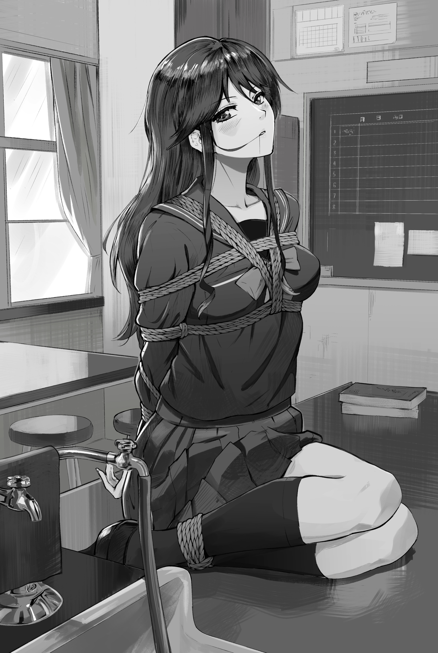1girls, arms behind back, arms tied behind back, bdsm, black socks, blush, bondage, book, bound, bound arms, bound legs, bowtie, chalkboard, classroom, clothed, female, greyscale, hands behind back, indoors, kneehighs, long hair, long sleeves, looking at viewer, monochrome, neckerchief, original, pleated skirt, school uniform, schoolgirl, serafuku, sharpffffff, shirt, skirt, socks, solo, solo female, stool, tied up