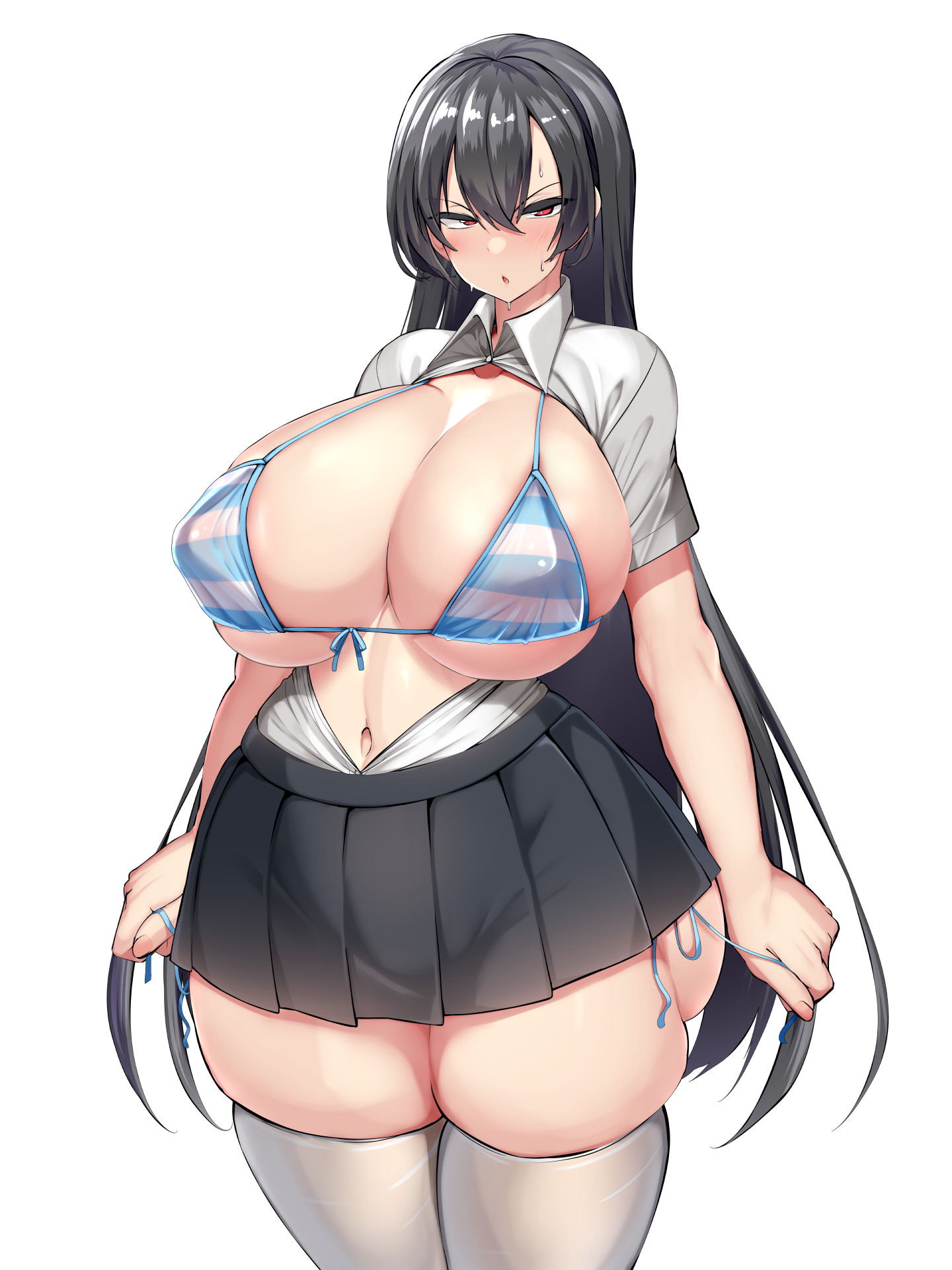 1girls, ass, bikini, bra, breasts, embarrassed, female, female only, huge ass, huge breasts, kawahagitei, light skin, light-skinned female, school uniform, student council president, sweat, thick thighs