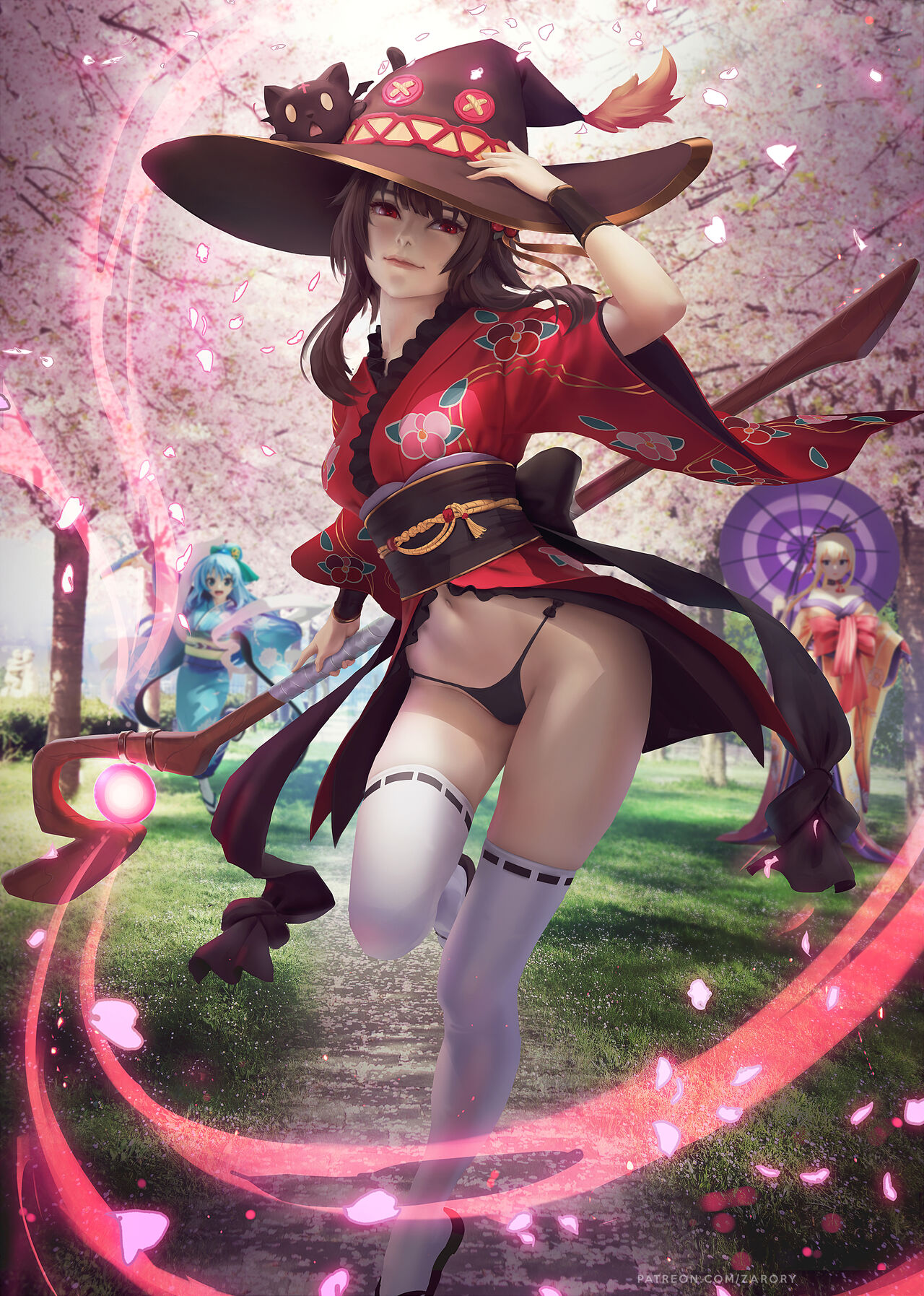 3girls, aqua (konosuba), aqua hair, blonde hair, blue hair, brown hair, brunette, darkness (konosuba), female, female only, hat, highres, human, kimono, kono subarashii sekai ni shukufuku wo!, legwear, light blue hair, looking at viewer, megumin, navel, nipples, outerwear, staff, thighhighs, zarory