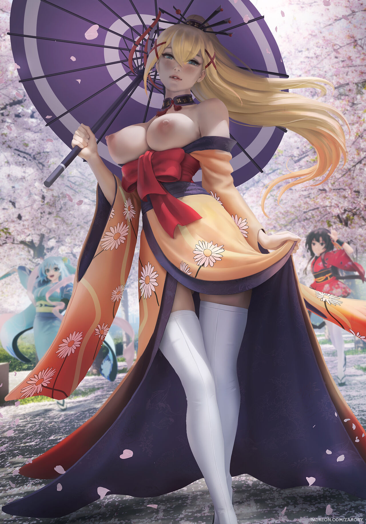 3girls, aqua (konosuba), big breasts, breasts, casual, choker, darkness (konosuba), female, female only, highres, human, kimono, kono subarashii sekai ni shukufuku wo!, legwear, long hair, looking at viewer, megumin, multiple females, multiple girls, zarory