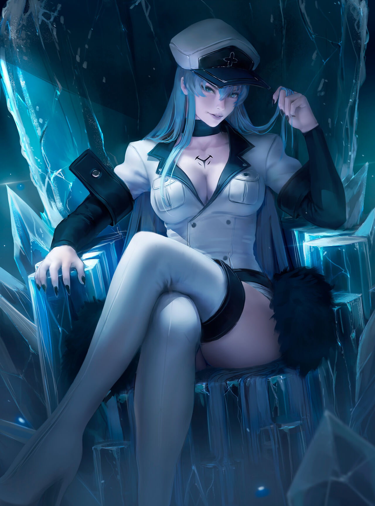 1girls 2024 2d adult adult_female akame_ga_kill! big_breasts black_nails blue_eyes blue_hair breasts cleavage clothed clothed_female clothing crossed_legs cryokinesis esdeath_(akame_ga_kill!) female female_only fully_clothed hat human human_female human_only ice light-skinned_female light_skin long_hair looking_at_viewer no_pants no_sex pale-skinned_female pale_skin powers realistic_breast_size realistic_proportions safe_for_work sharp_fingernails sharp_nails solo solo_female straight_hair thick_thighs thighhighs thighs throne twirling_hair upskirt villain villainess white_skin young_woman zarory