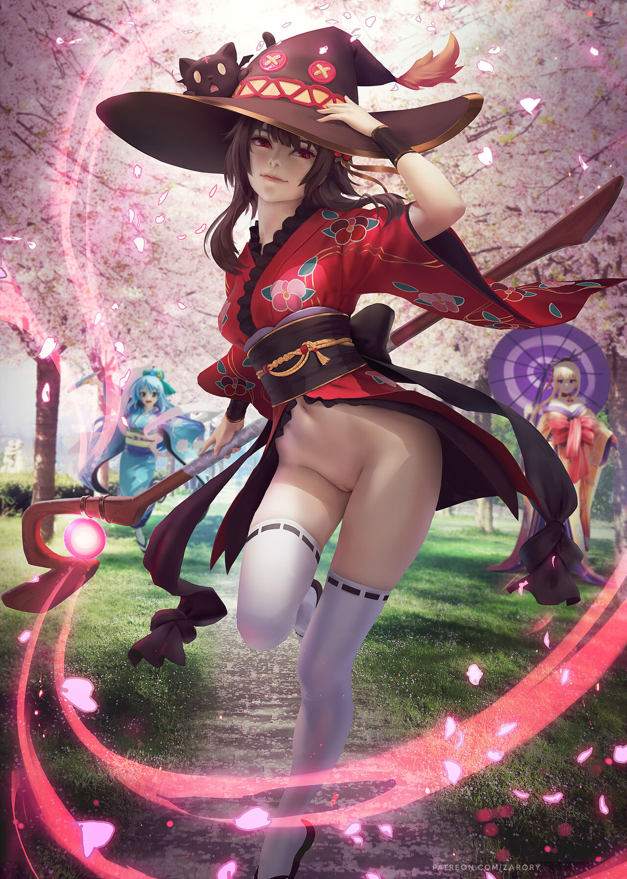 3girls, aqua (konosuba), aqua hair, blonde hair, blue hair, brown hair, brunette, darkness (konosuba), female, female only, hat, highres, human, kimono, kono subarashii sekai ni shukufuku wo!, legwear, light blue hair, looking at viewer, megumin, multiple females, multiple girls, navel, nipples, outerwear, pussy, staff, thighhighs, uncensored, zarory