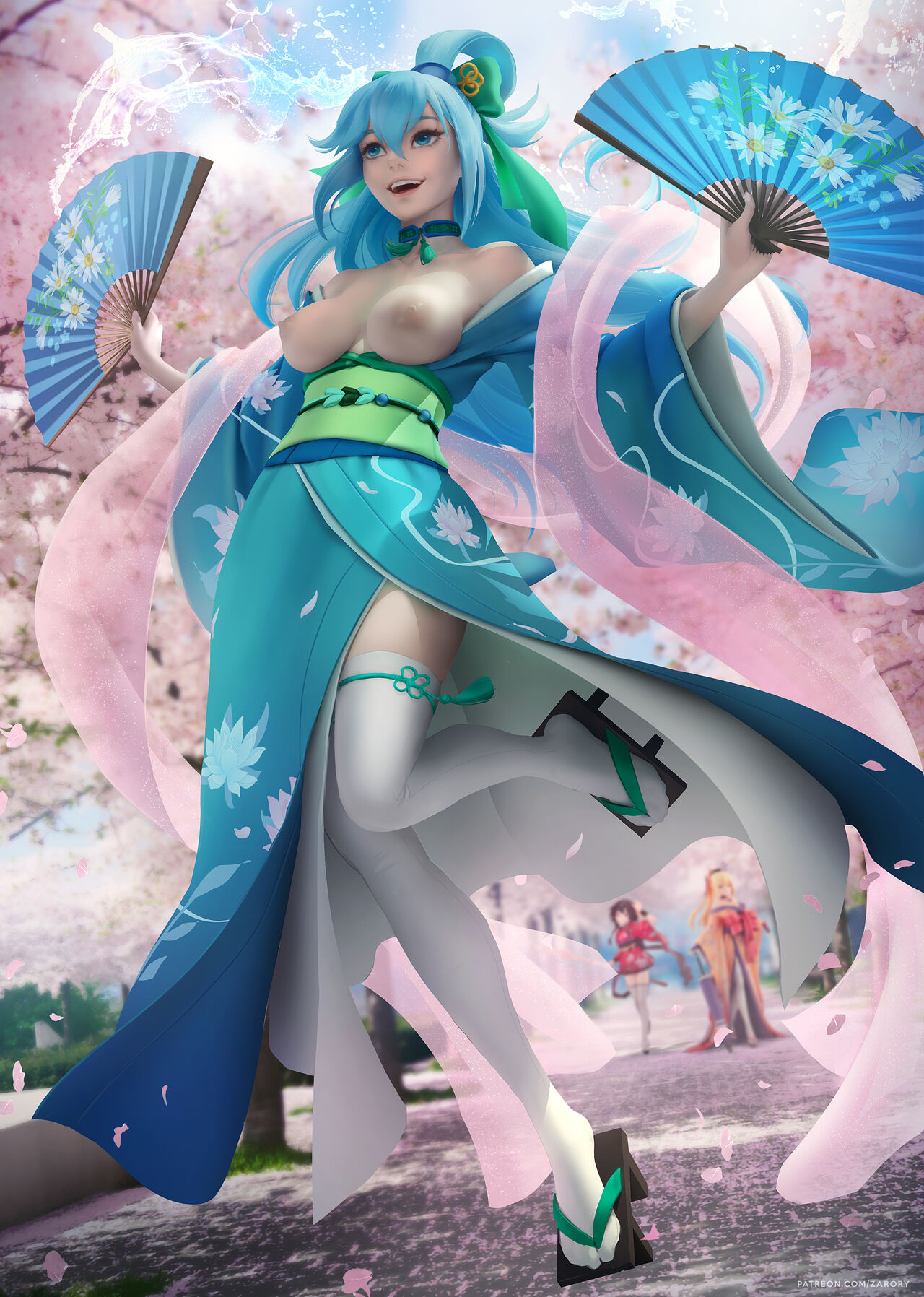 3girls, aqua (konosuba), aqua hair, blonde hair, blue hair, breasts, brown hair, brunette, casual, choker, darkness (konosuba), fan, female, female only, footwear, geta, highres, human, kimono, kono subarashii sekai ni shukufuku wo!, legwear, light blue hair, long hair, megumin, multiple females, multiple girls, nipples, outerwear, public, zarory