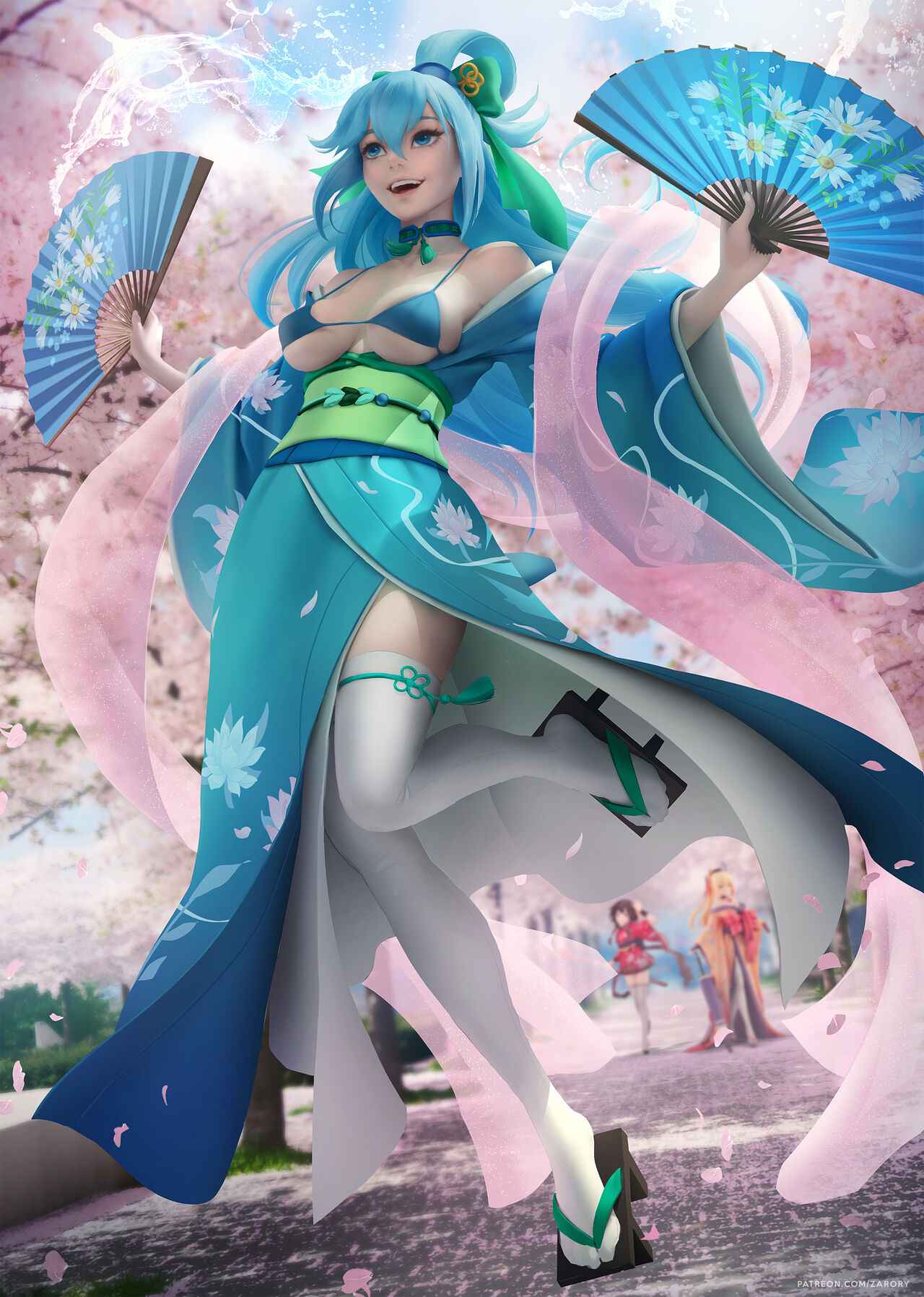 3girls, aqua (konosuba), aqua hair, blonde hair, blue hair, brown hair, brunette, casual, choker, darkness (konosuba), fan, female, female only, footwear, geta, highres, human, kimono, kono subarashii sekai ni shukufuku wo!, legwear, light blue hair, long hair, megumin, nipples, outerwear, public, zarory