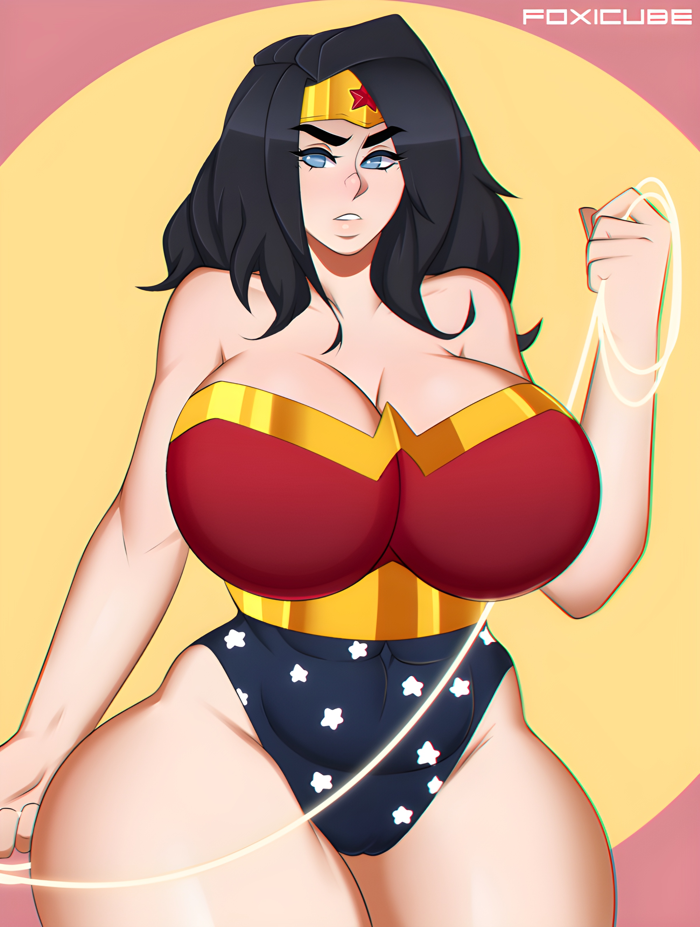 abs, amazon, big breasts, black hair, blue eyes, breasts, busty, cleavage, costume, curvy, dc, dc comics, female, female only, foxicube, huge breasts, huge thighs, hyper hourglass, large breasts, large thighs, lasso of truth, leotard, long hair, massive thighs, solo, superhero costume, superheroine, thick thighs, thunder thighs, thunderthighs, voluptuous, wide hips, wonder woman, wonder woman (series)