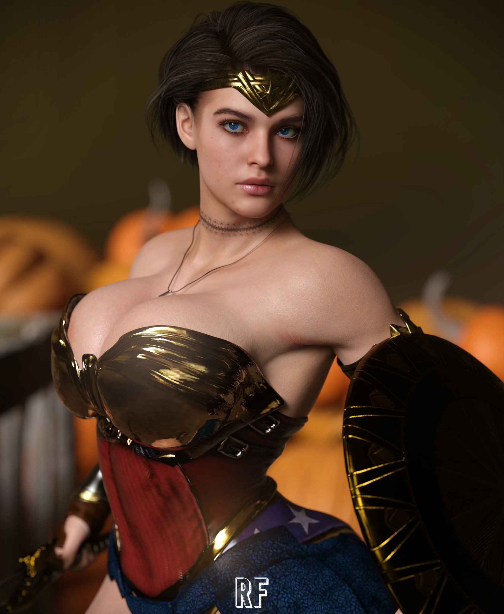 1girls, 3d, absurd res, big breasts, blue eyes, breasts, brown hair, capcom, choker, cleavage, cosplay, crossover cosplay, dc, dc comics, female, female only, hi res, jill valentine, jill valentine (sasha zotova), large breasts, looking at viewer, resident evil, resident evil 3, resident evil 3 remake, rude frog, shield, solo, sword, wonder woman, wonder woman (cosplay), wonder woman (series)