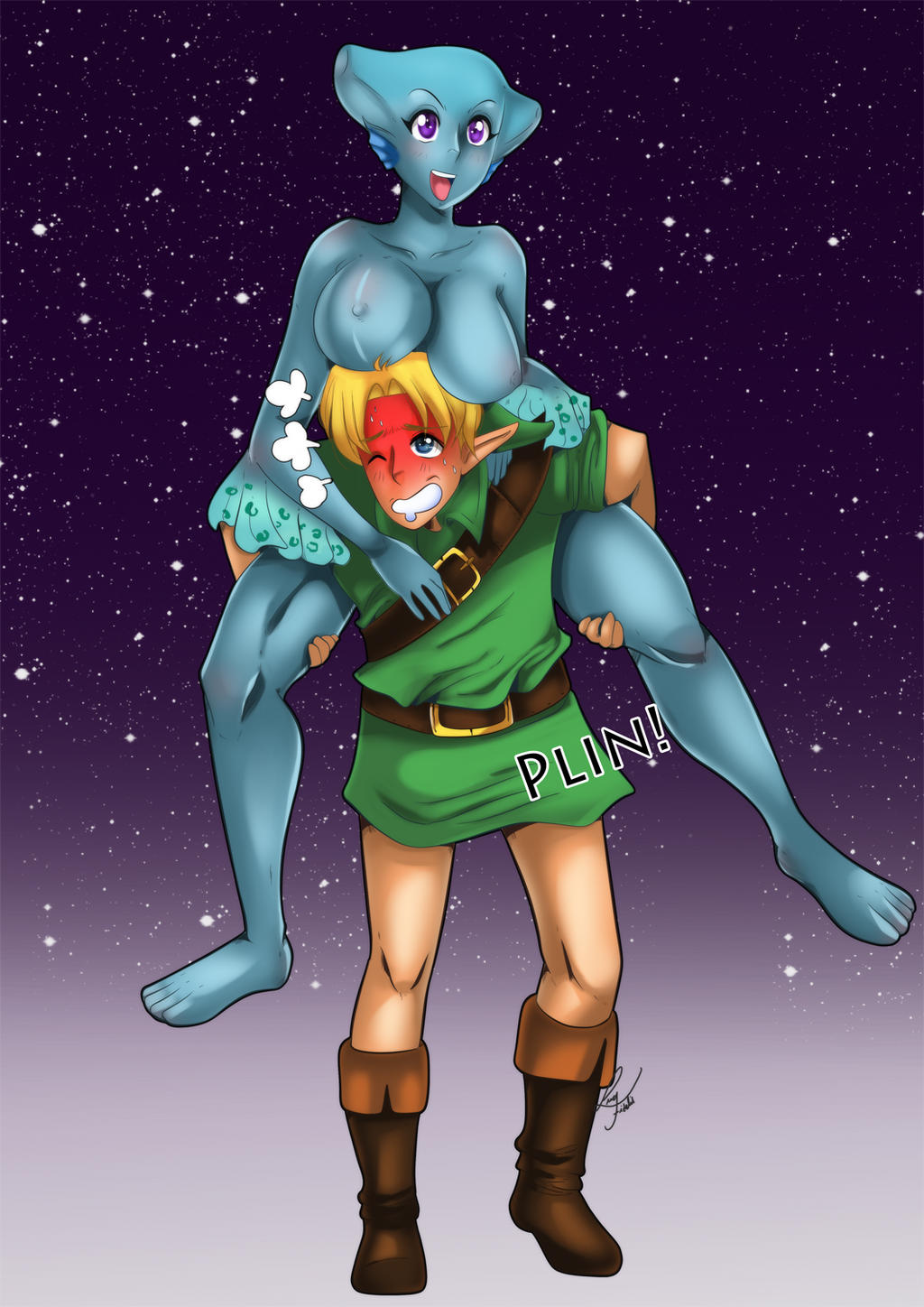 1boy 1girls big_boobs big_breasts blonde_hair blue_eyes blue_skin boobs breasts breasts_on_head busty fish fish_girl fish_humanoid link lufidelis nintendo nipples ocarina_of_time princess_ruto purple_eyes the_legend_of_zelda tits young_link