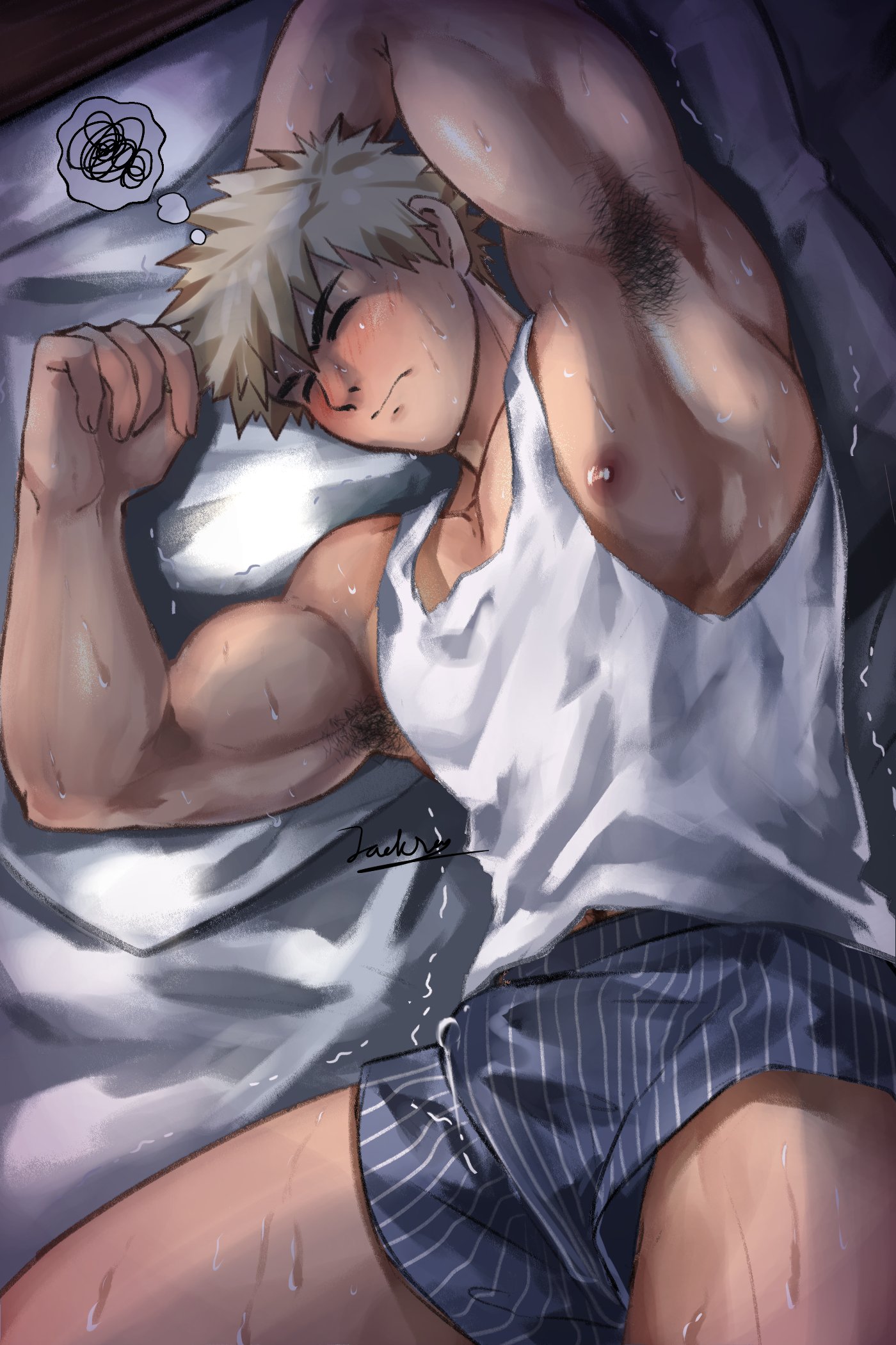 armpit hair, arms up, bed, bed sheet, blonde hair, bulge, bulge through clothing, horny, jackray85674939, katsuki bakugou, leaking, leaking precum, male, male only, muscular, muscular male, my hero academia, nipple slip, pajamas, pecs, pillow, precum through clothing, sleeping, solo, solo male, spiky hair, sweat, tank top, underwear, wet, wet dream, white tank top