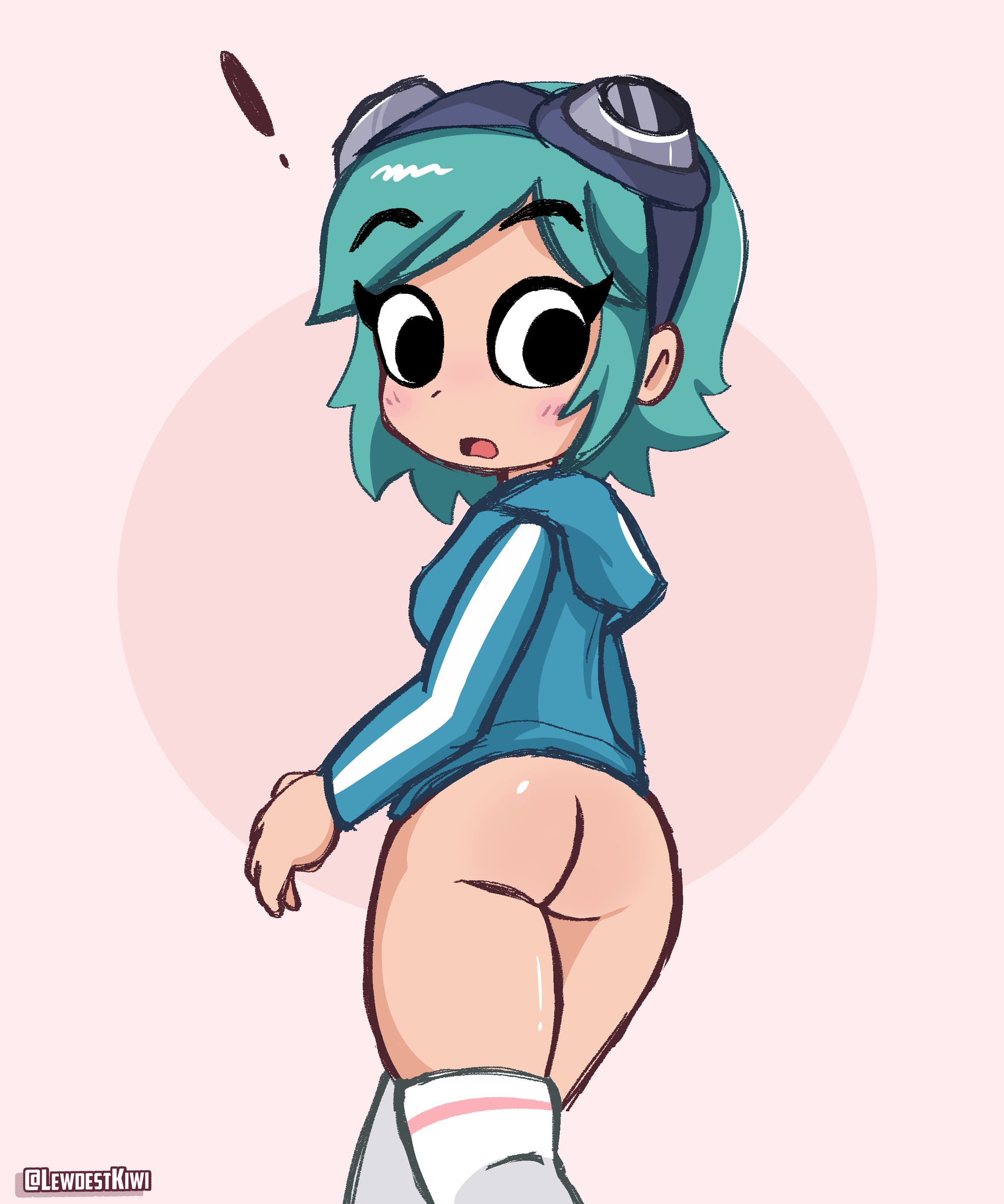 ass, black eyes, bottomless, cyan hair, female, goggles, goggles on head, half naked, jacket, kneesocks, lewdestkiwi, looking back, mascara, ramona flowers, scott pilgrim, viewed from behind