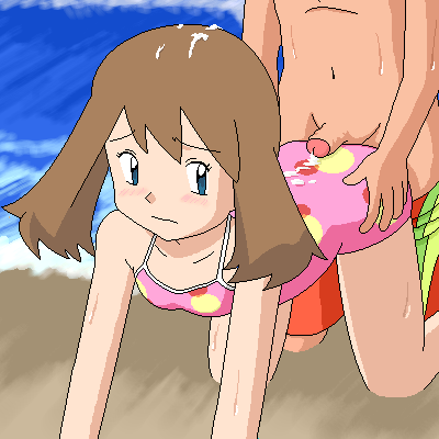 1boy 1girls after_sex beach cum cum_in_hair cum_on_body cum_on_hair cum_on_swimsuit looking_back may_(pokemon) nude one-piece_swimsuit penis pokemon satoshi_(pokemon) small_penis