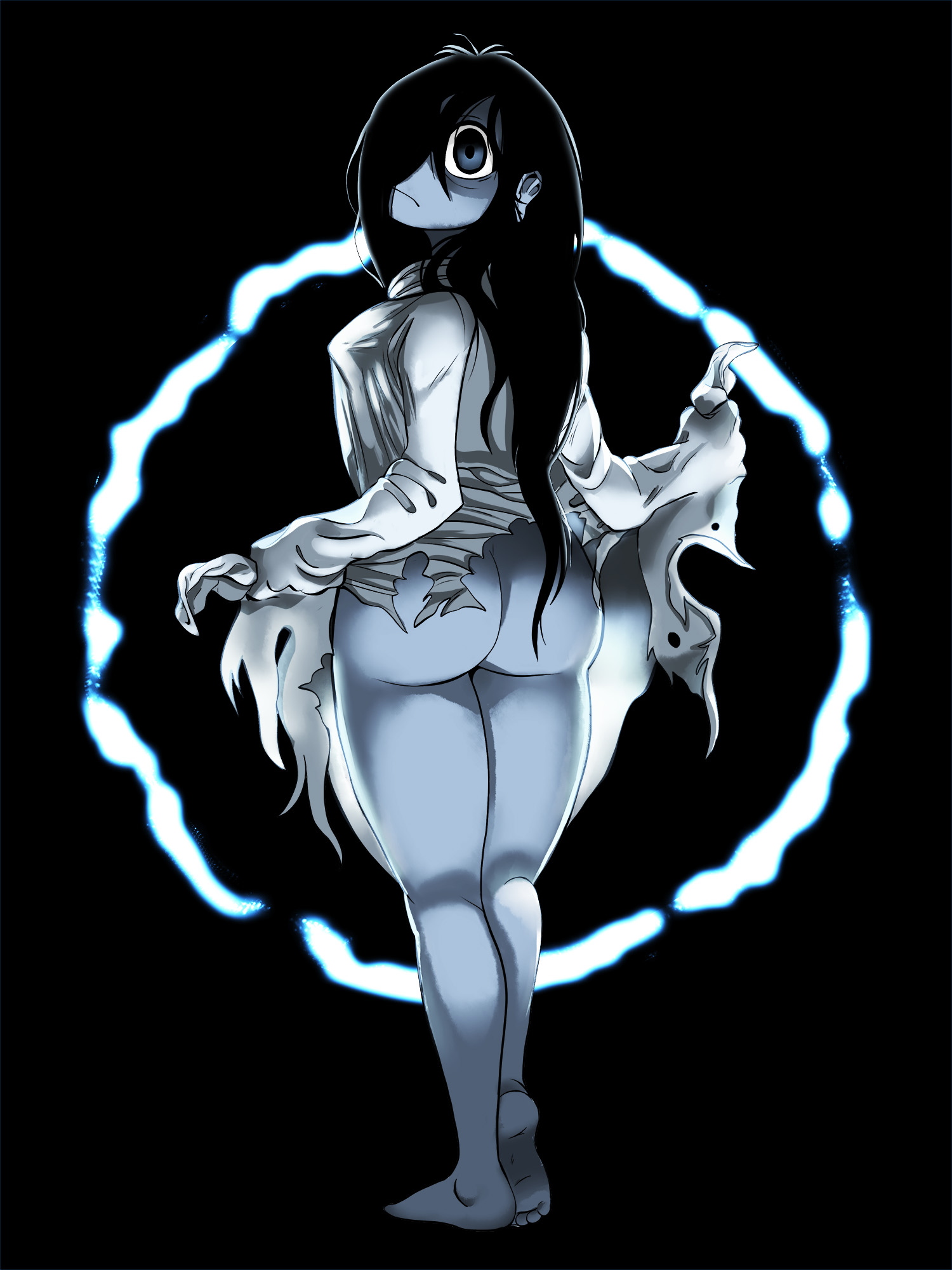 1girls, ass, big ass, black hair, bottomless, clothing, dress, dress lift, female, female only, ghost, ghost girl, hair over one eye, long hair, looking at viewer, looking back, mooning, no panties, scarstuff, solo, the ring, thick thighs, wide hips, yamamura sadako