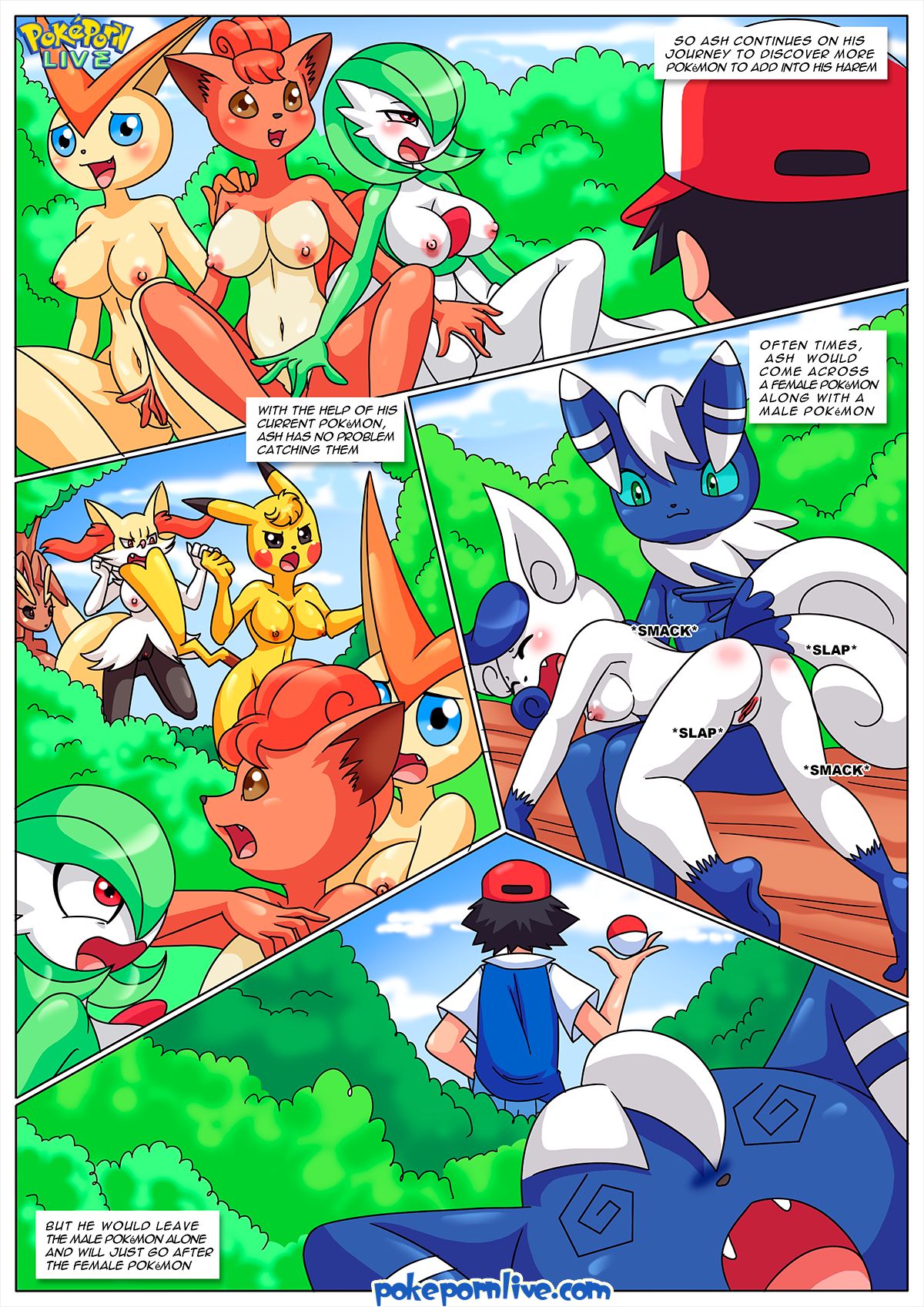 2boys 7girls anthro braixen breasts comic english_text female gardevoir human lopunny male meowstic nipples nude palcomix pikachu pokeball pokemon pokemon_(species) pokepornlive pussy satoshi_(pokemon) spanking the_pokemon_master victini vulpix