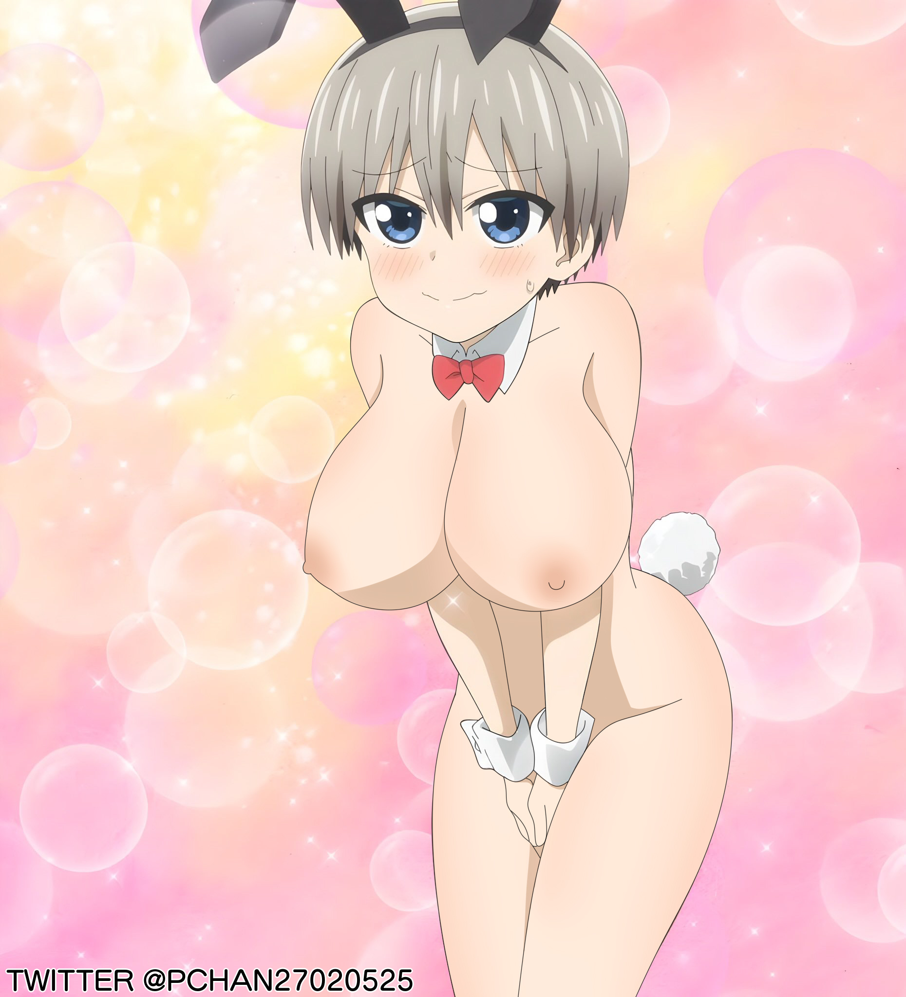 1girls, big breasts, bow, bowtie, breasts, bunny ear, bunny tail, female, female only, naked, nervous, nipples, nude filter, p chans, short hair, shortstack, solo, uzaki hana, uzaki-chan wa asobitai!