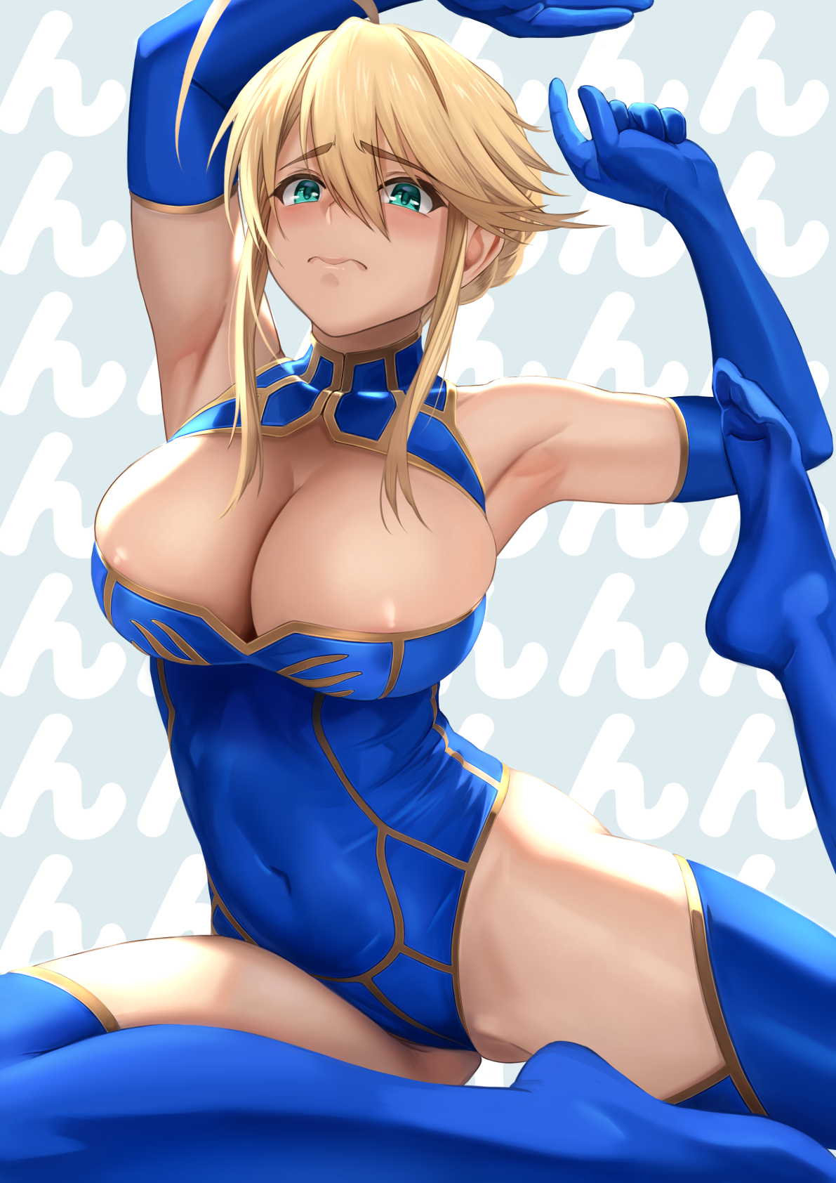 1girls, ahoge, areolae, armpits, arms up, artoria pendragon, artoria pendragon (lancer), belly, belly button, big breasts, blonde female, blonde hair, blue gloves, blue leotard, blue socks, blue thighhighs, blush, blushing at viewer, braid, breasts, cleavage, closed mouth, elbow gloves, fate (series), fate/grand order, female, female focus, female only, french braid, gloves, green eyes, hi res, high resolution, highleg, highleg leotard, highres, large breasts, leotard, light skin, light-skinned female, long hair, looking at viewer, pigeon pose, shiny, shiny skin, sidelocks, sitting, skin tight, sleeveless, sleeveless turtleneck, sleeveless turtleneck leotard, socks, solo, solo female, solo focus, stomach, straight, stretching, thigh socks, thighhighs, thighs, turtleneck, yamaneko (tkdrumsco), yoga
