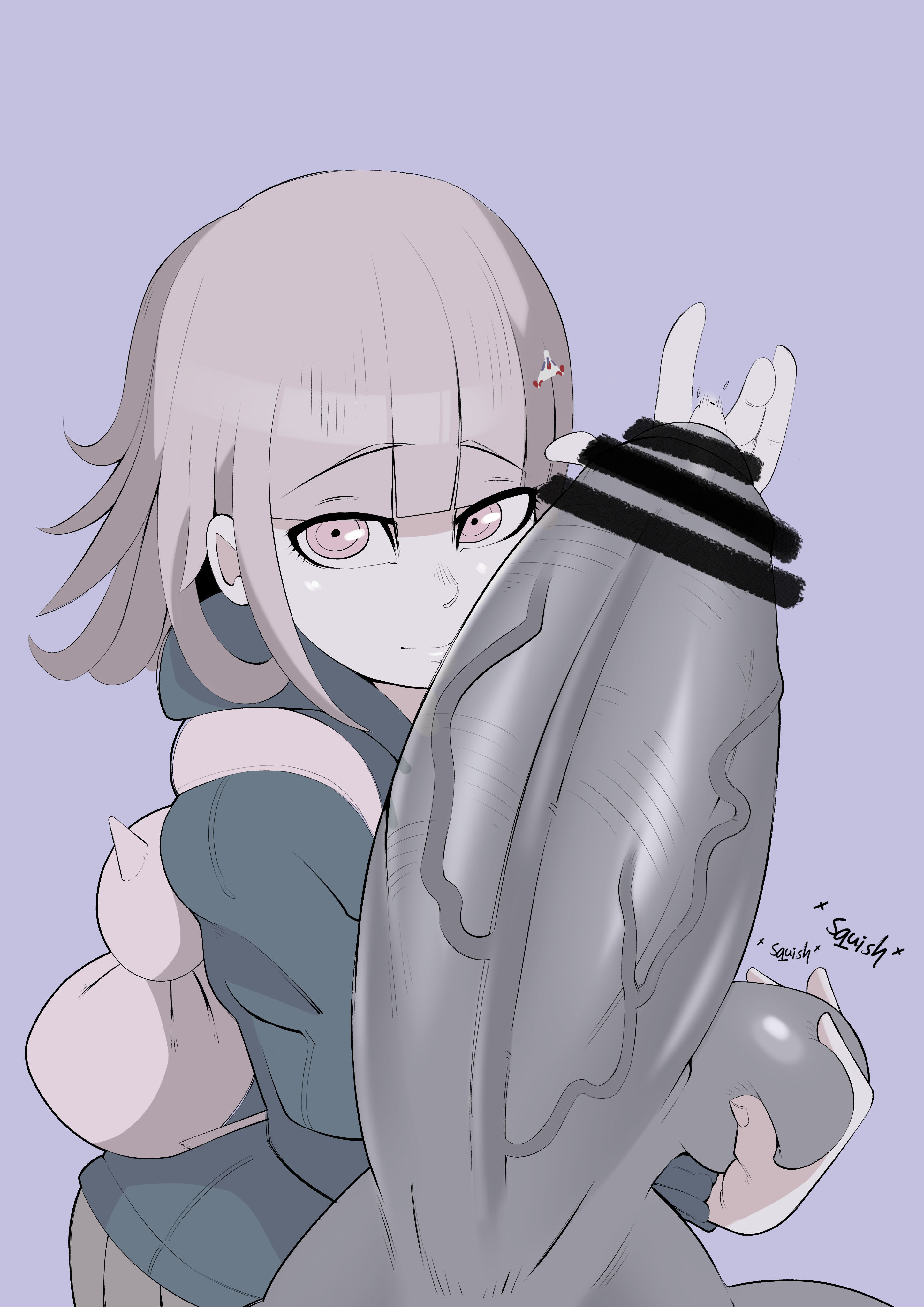 1boy, 1girls, anon, backpack, balls, balls fondling, big penis, censored, clothed female, clothed female nude male, danganronpa, danganronpa 2: goodbye despair, female, female focus, fondling balls, hair ornament, hairpin, holding balls, holding penis, huge cock, imminent sex, large penis, light skin, light-skinned female, looking at viewer, male, male urethral insertion, nanami chiaki, nude, nude male, pale skin, pale-skinned female, penile urethral insertion, penis, pink eyes, pov, pudutoast, raised eyebrows, smile, smiling at viewer, smooth skin, super danganronpa 2, urethral fingering, urethral insertion, veiny penis, white hair