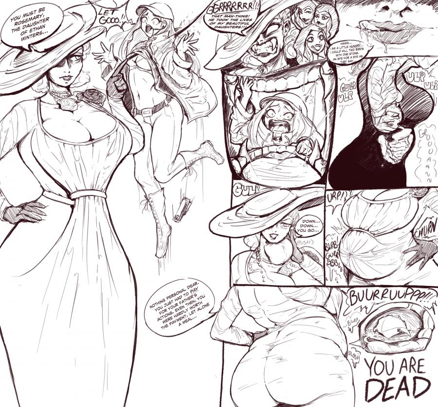 alcina dimitrescu, ass, bad end, bad ending, belly, big ass, big belly, big breasts, breasts, burp, burping, cleavage, comic, digestion, fatal vore, female, giantess, internal, large female, ltaf, mature female, milf, mini giantess, resident evil, resident evil 8: village, rosemary winters, size difference, text, vampire girl, villainess, villainess on heroine, vore, vore belly