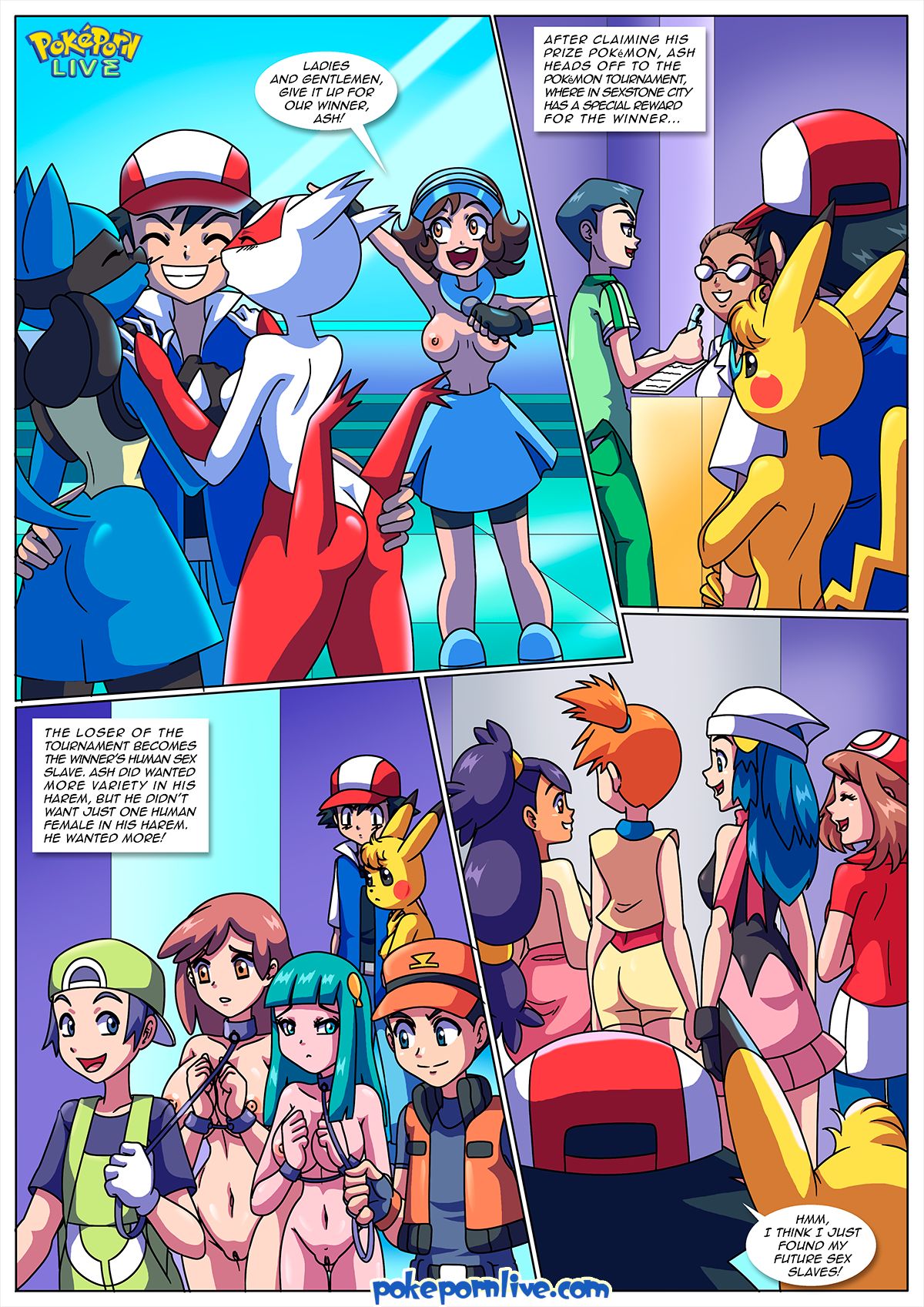 10girls 5boys anthro ash_ketchum breasts collar comic dawn_(pokemon) english_text exposed_breasts female harem human interspecies iris_(pokemon) kasumi_(pokemon) latias leash lucario male manacles may_(pokemon) multiple_boys multiple_girls nipples nude palcomix pikachu pokémon_(species) pokemon pokemon_(species) pokepornlive satoshi_(pokemon) sex_slave slave slavegirl speech_bubble text the_pokemon_master