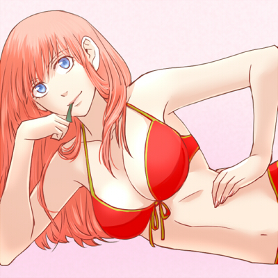 3mm aged_up alternate_costume arm_support big_breasts bikini blue_eyes cleavage female female_only gintama hair_down hand_on_hip kagura_(gintama) long_hair looking_at_viewer on_side orange_hair red_bikini solo swimsuit