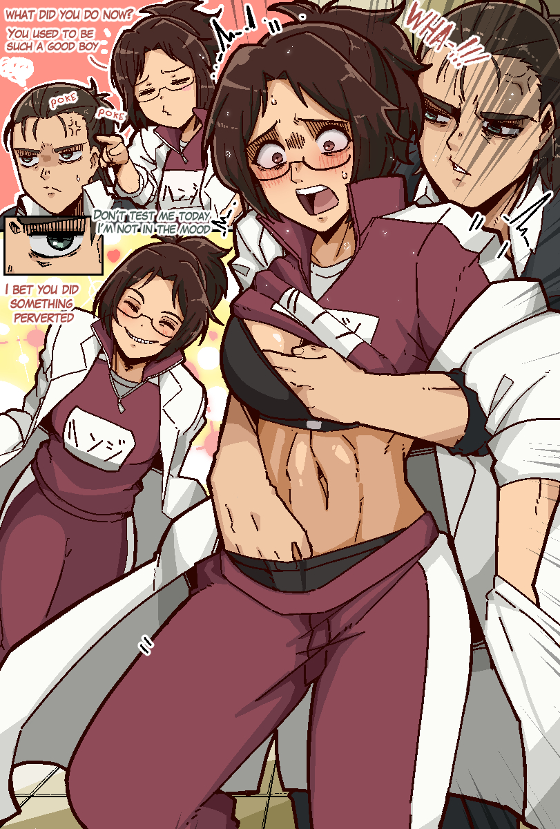 1boy 1girls alternate_universe attack_on_titan blush bra breast_grab brown_hair english_text eren_jaeger female from_behind glasses grabbing_from_behind hanji_zoe japanese_school_uniform labcoat mark_gavatino modern_au panties rape school_uniform shingeki_no_kyojin standing text uncensored