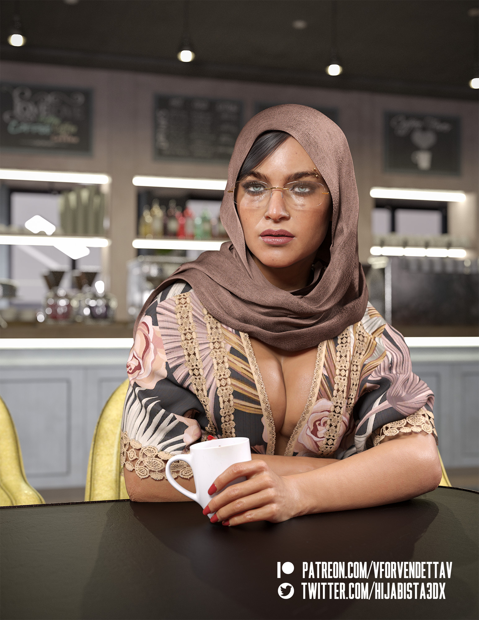 1girls, 3d, 3dx, biracial, blender, blue eyes, brown hair, chloe frazer, cleavage, coffee, cup, dark brown hair, dark hair, daz studio, eyelashes, eyeshadow, female, glasses, high resolution, highres, hijab, lips parted, lipstick, long fingernails, looking at viewer, looking pleasured, milf, mug, nail polish, necklace, pierced eyebrow, pierced nose, piercing, pinup, ponytail, portrait, sitting, solo, tan skin, tan-skinned female, tanned, tanned skin, tied hair, uncharted, uncharted the lost legacy, vforvendettav