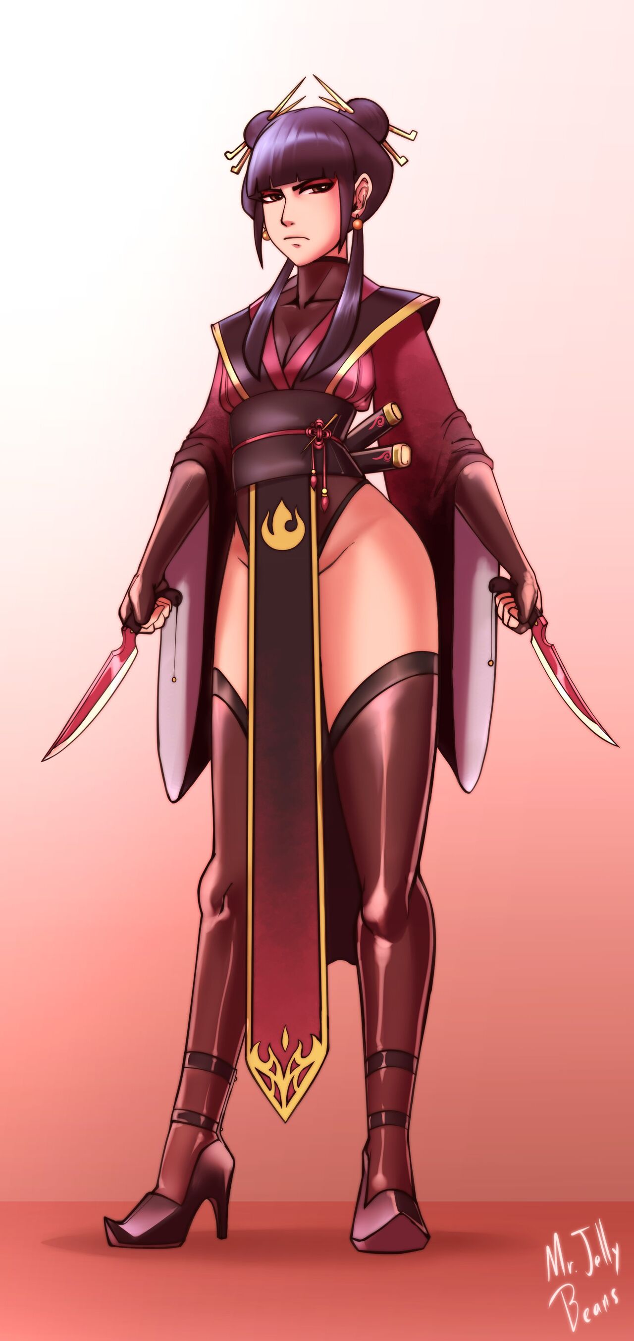1girls, avatar the last airbender, black socks, breasts, clothing, double bun, female, fire nation, high heels, large breasts, light skin, light-skinned female, looking at viewer, mai (avatar), mr.jellybeans, nickelodeon, pale skin, pale-skinned female, solo, stockings, thigh socks, thighhighs