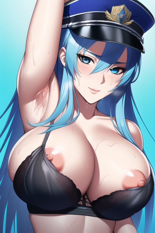 1girls, ai generated, akame ga kill!, areolae, armpits, arms up, blue eyes, blue hair, blush, breasts, cleavage, curvaceous, curves, curvy, erect nipples, esdeath (akame ga kill!), female, huge breasts, human, large breasts, military hat, nai diffusion, nipples, plain background, simple background, solo, solo female, stable diffusion, sweat, upper body