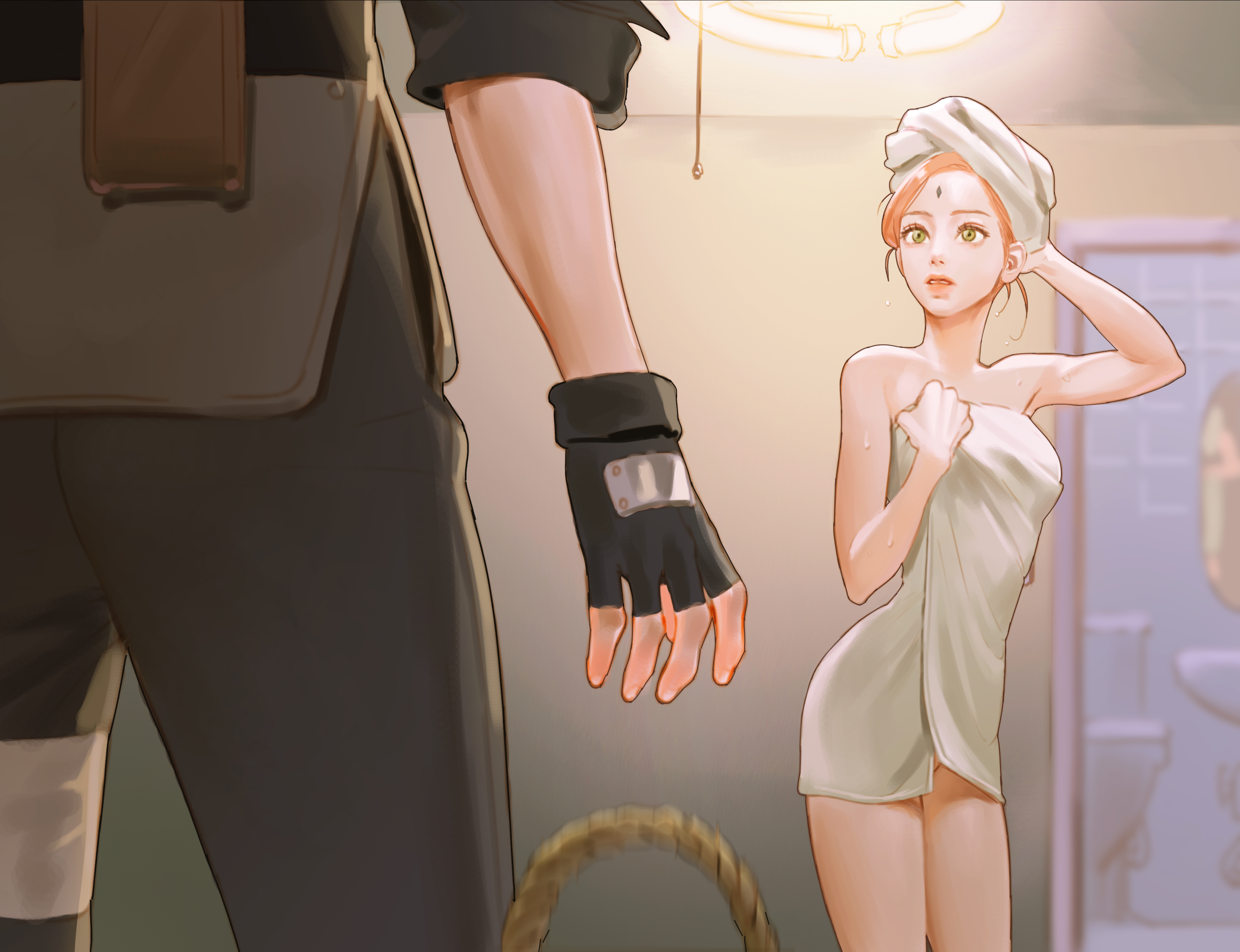 1boy, 1girls, after bath, after shower, artist request, barely clothed, basket, boruto: naruto next generations, covering, covering self, dropping, dropping object, embarrassed, faceless male, female, female focus, fingerless gloves, gloves, green eyes, hatake kakashi, indoors, long hair, looking at another, looking at partner, male, male/female, naked towel, naruto, naruto (series), pink hair, pussy, pussy peek, sakura haruno, teacher and student, towel, towel on head, towel only, wet, wet body, wet hair, wet skin
