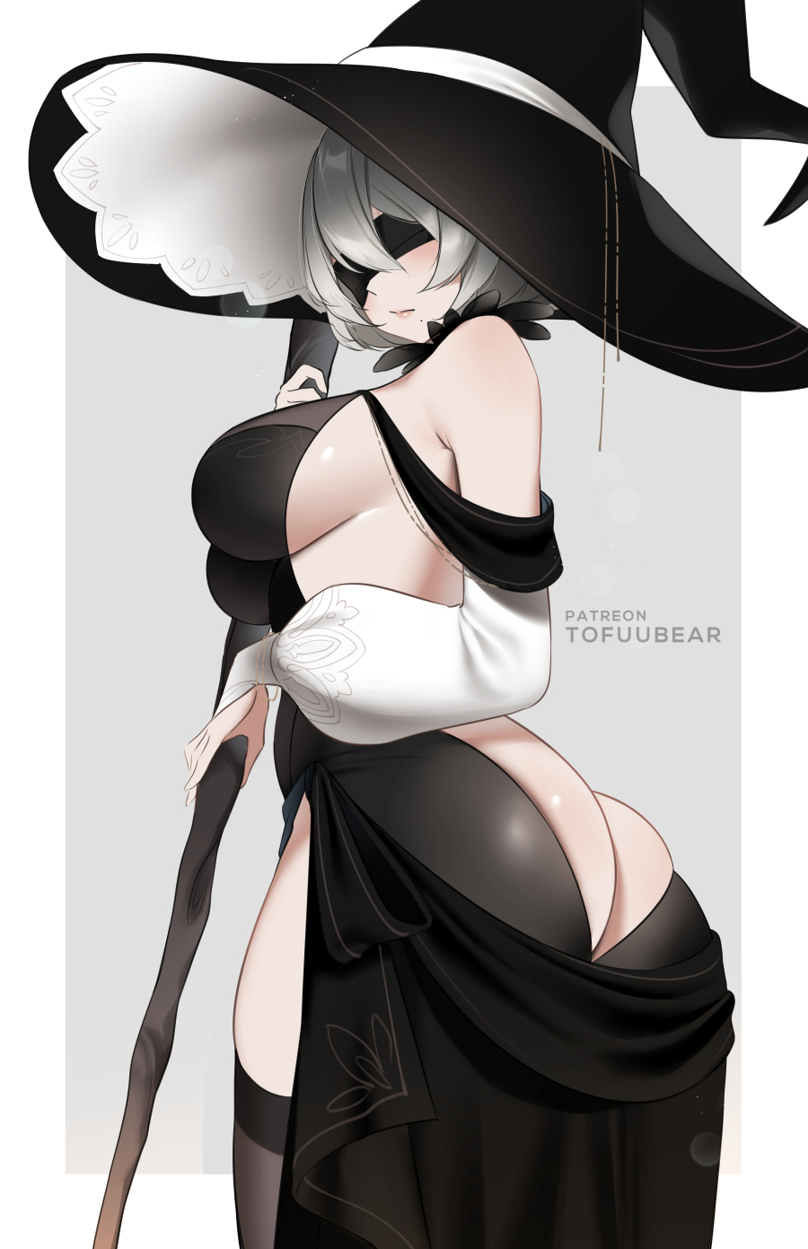 1girls, android, android girl, ass, back, back view, blindfold, breasts, bubble ass, bubble butt, dress, female, hips, huge ass, large breasts, nier, nier: automata, short hair, slim waist, thick thighs, thighs, tofuubear, white hair, wide hips, witch costume, witch hat, yorha 2b