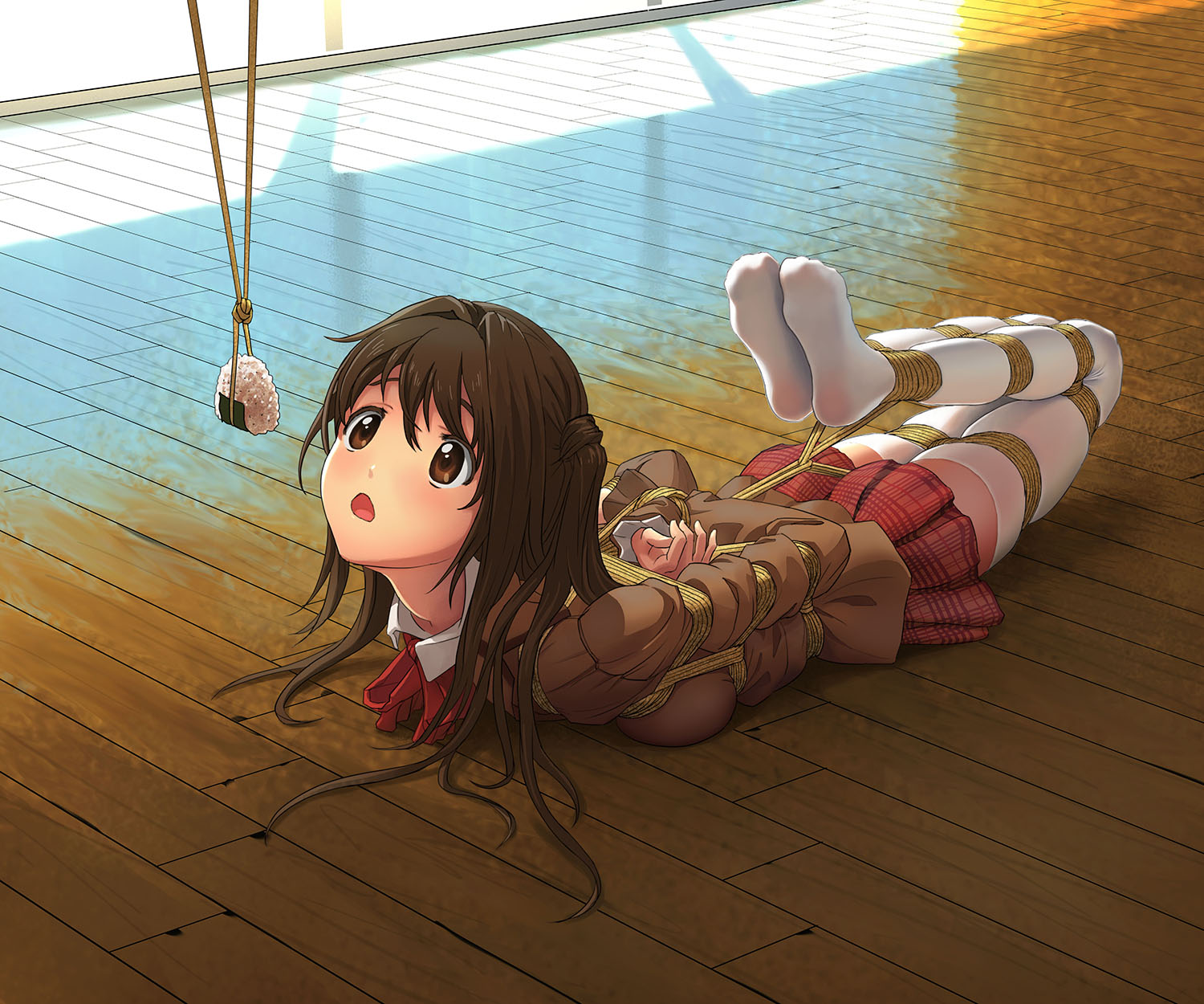 1girls, arms behind back, arms tied behind back, bdsm, bondage, bound, bound arms, bound legs, brown eyes, brown hair, brown jacket, feeding, female, full body, himitsu (hi mi tsu 2), hogtie, idolmaster, idolmaster cinderella girls, indoors, jacket, long hair, long sleeves, looking at food, lying, on stomach, one side up, onigiri, open mouth, plaid skirt, pleated skirt, red skirt, school uniform, shibari, shibari over clothes, shimamura uzuki, skirt, solo, solo female, thighhighs, white thighhighs, wooden floor