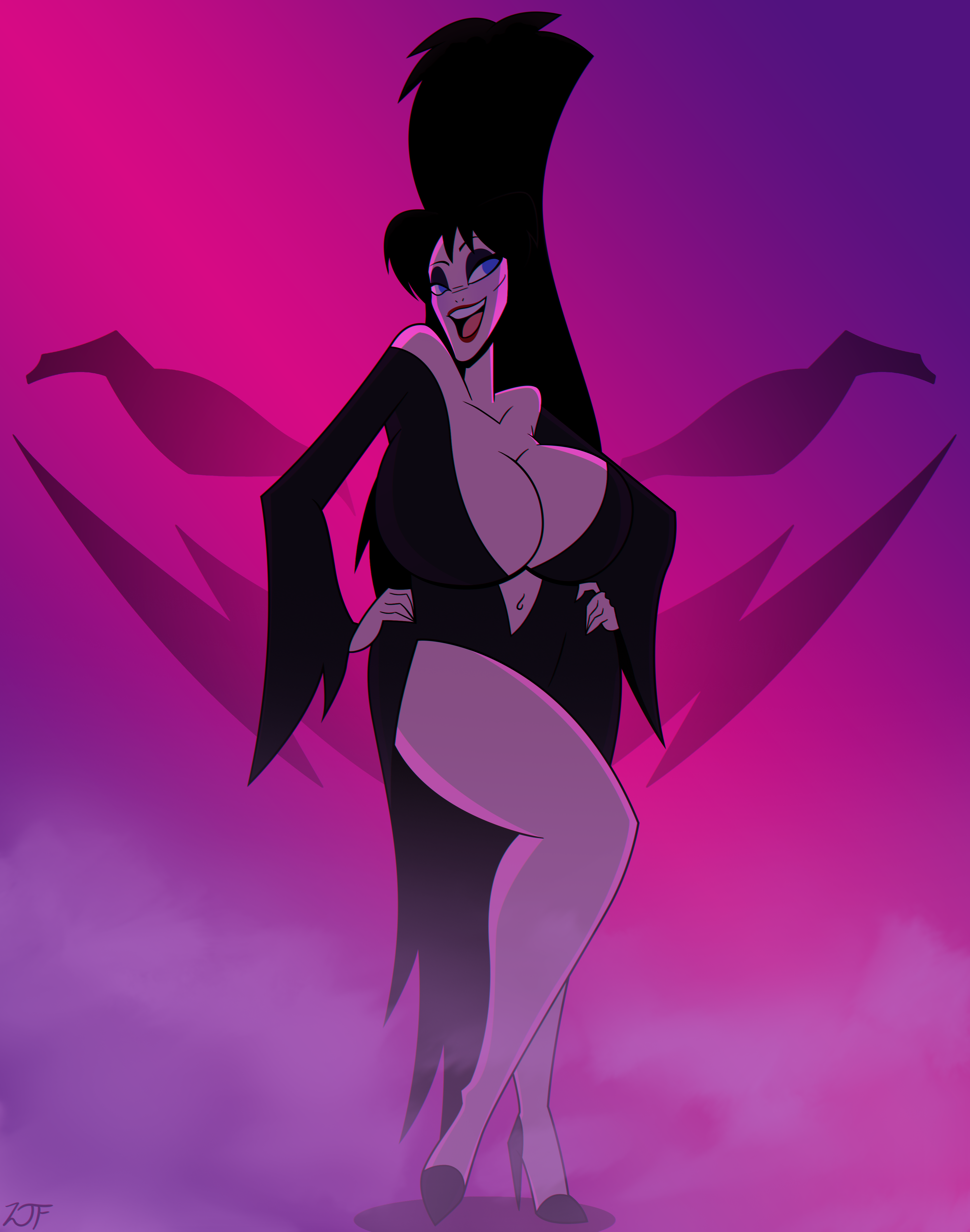 1girls, belly, belly button, big breasts, black hair, blue eyes, breasts, busty, cel shading, curvy, dress, elvira, elvira: mistress of the dark, eyeshadow, female, female only, fog, goth, goth girl, halloween, high heels, highres, huge breasts, lipstick, long hair, makeup, red lipstick, rustysh4ckl3ford, seductive, seductive eyes, seductive look, seductive pose, seductive smile, simple shading, sling bikini, smile, solo, solo female, solo focus, thick thighs, voluptuous