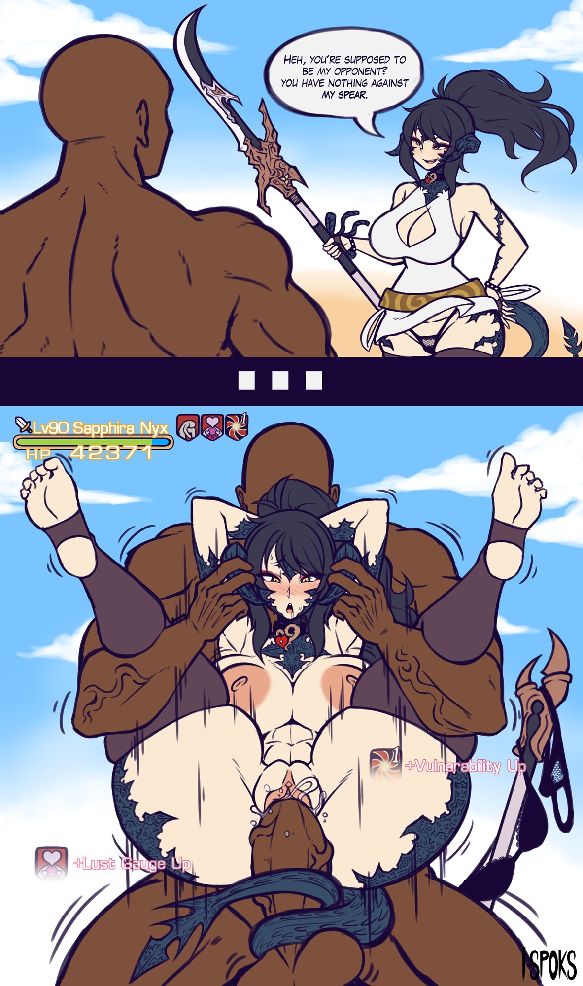 1boy 1girls 2koma areolae arms_behind_head au_ra barefoot big_ass black_hair breasts cleavage cleavage_cutout comic commission commission_art dark-skinned_male dark_skin dat_ass english_text faceless_male facing_viewer feet female final_fantasy final_fantasy_xiv full_nelson full_nelson_vaginal game_ui gameplay_mechanics health_bar horn_grab horns hp_bar huge_breasts ilustretsspoks instant_loss instant_loss_2koma large_areolae large_breasts large_penis lifting_partner light-skinned_female light_skin long_hair long_ponytail male nipples penis ponytail reverse_suspended_congress sapphira_nyx scales sex soles stirrup_legwear tail tailjob tailjob_while_penetrated thick_thighs thighhighs thighs toeless_legwear toes vaginal vaginal_penetration yellow_eyes