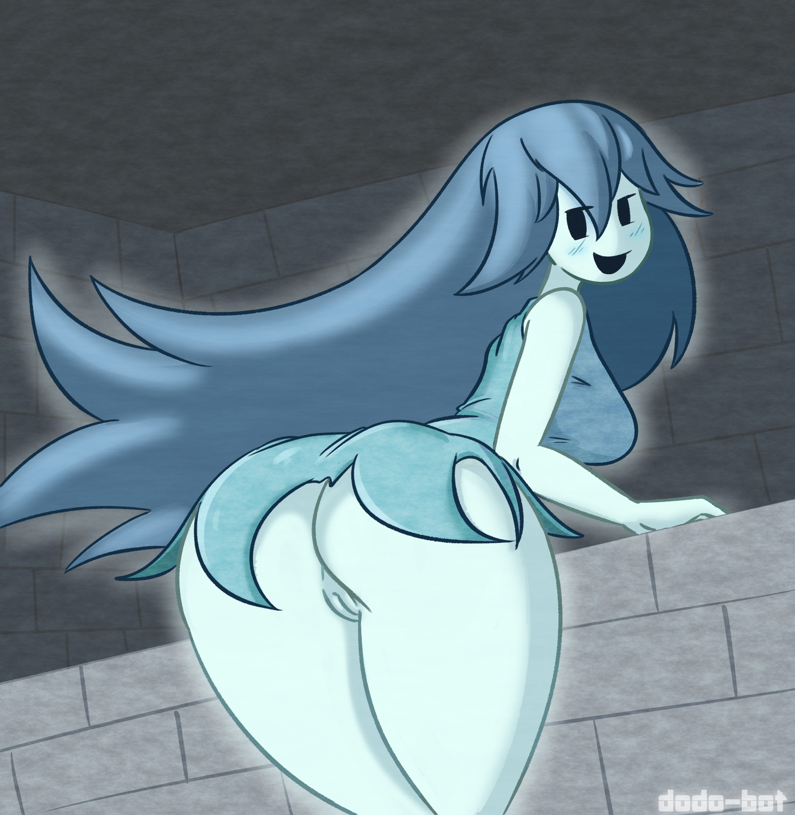 1girls, ass, blush, dodo-bot, female, ghost, ghost girl, mob face, pussy, solo, spooky (shojs), spooky's house of jump scares, vagina