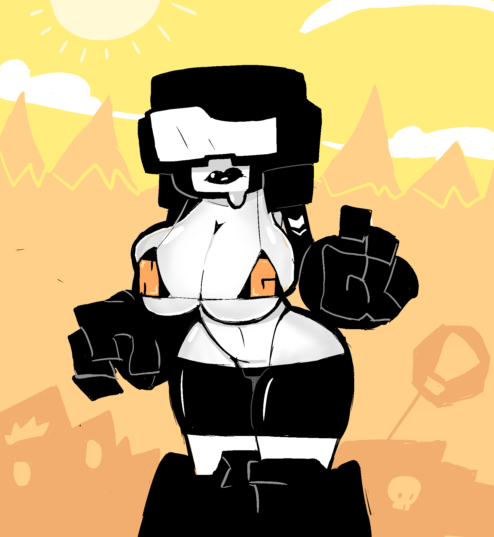 alternate_costume armor bikini_top black_lipstick boots eks-out female friday_night_funkin goggles helmet huge_breasts minstlu_fangirl_oc monochrome newgrounds oc plump_lips simple_background tankmen tankwoman thick_thighs wide_hips