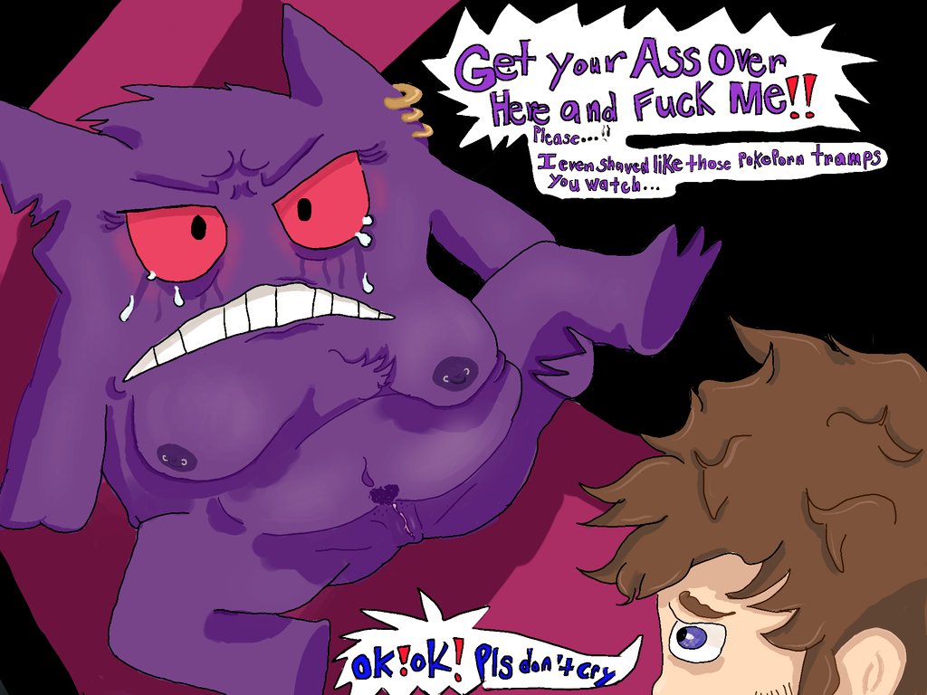 anthro begging_for_sex blue_eyes bodily_fluids brown_hair crying dialogue discodemon duo ellipsis exclamation_point female fur generation_1_pokemon gengar genitals genny_(discodemon) hair holding_leg human male male/female mammal nintendo nipples pokemon pokemon_(species) purple_body purple_fur pussy red_eyes spread_legs spreading tears video_games