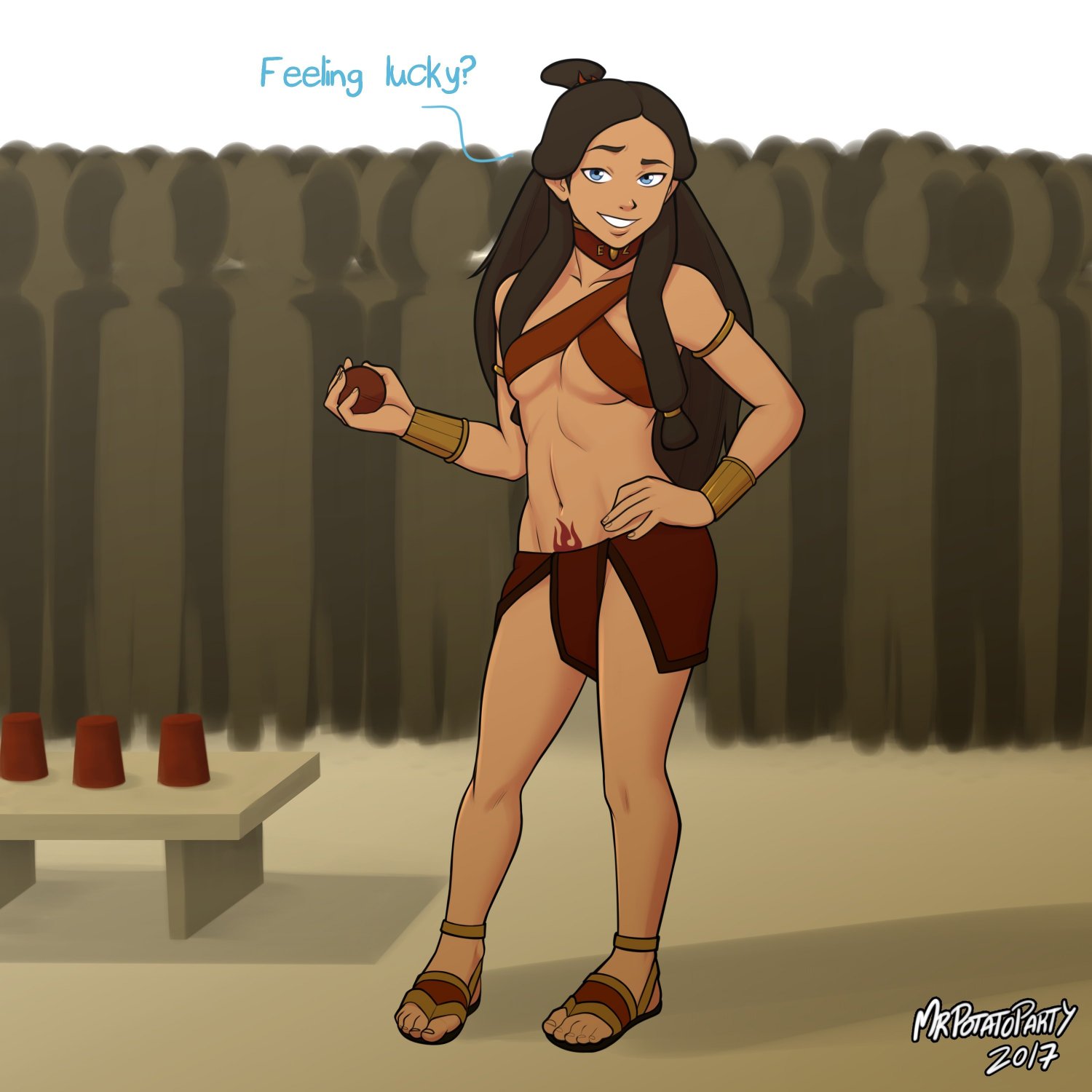 1girls, 2017, abs, artist name, avatar the last airbender, ball (object), blue eyes, branding mark, breasts, choker, clothing, crowd, dark skin, dark-skinned female, dialogue, female, female focus, female only, fire nation, fire nation clothing, gold, gold jewelry, grin, hairbun, hips, inuit, katara, long hair, looking at viewer, medium breasts, mrpotatoparty, necklace, open toe shoes, sandals, skirt, smug, solo, talking to viewer, tattoo, thighs, tied hair, underboob, water tribe