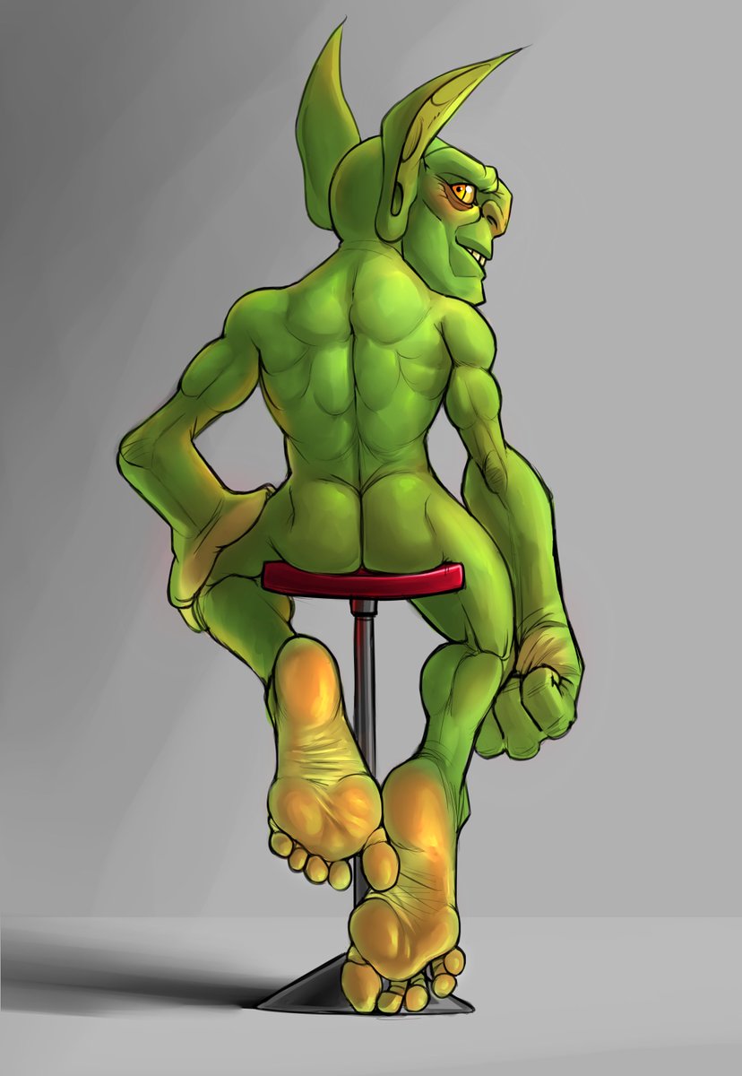 5_fingers 5_toes ass blush body_blush chair feet fingers foot_focus furniture goblin goblin_male green_body grey_background half_smile hand_on_leg hand_on_thigh hi_res humanoid humanoid_pointy_ears imptrash long_ears looking_at_viewer looking_back looking_back_at_viewer male nude on_chair orange_eyes presenting presenting_back shaded shadow simple_background simple_shading sitting sitting_on_chair soles solo stool teeth toes yellow_soles