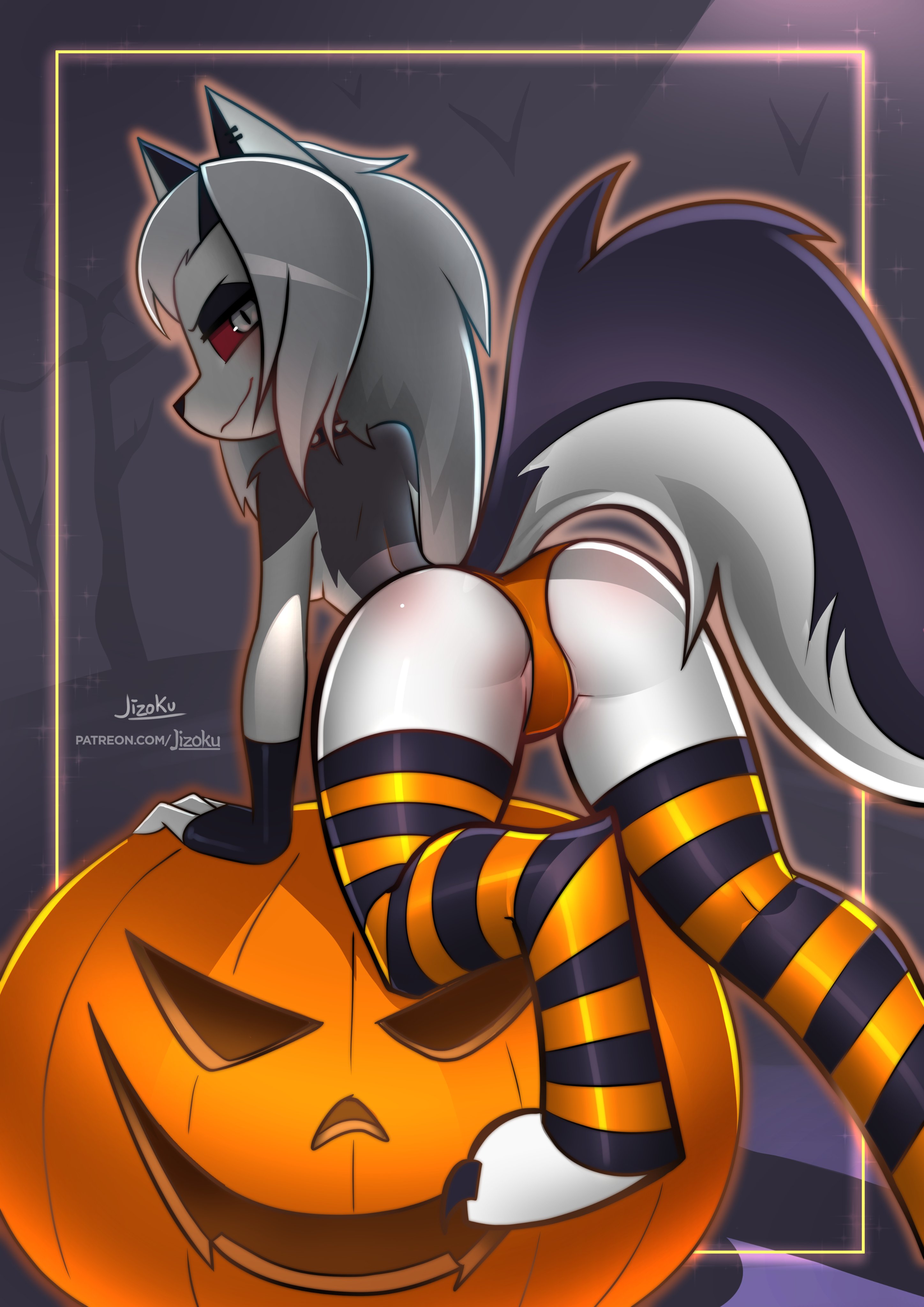 anthro, ass, canid demon, canine, collar, demon, female, furry, goth, halloween, hellhound, helluva boss, jizoku, looking back, loona (helluva boss), mammal, panties, pumpkin, stockings, tail, thigh highs, thighhighs, underwear