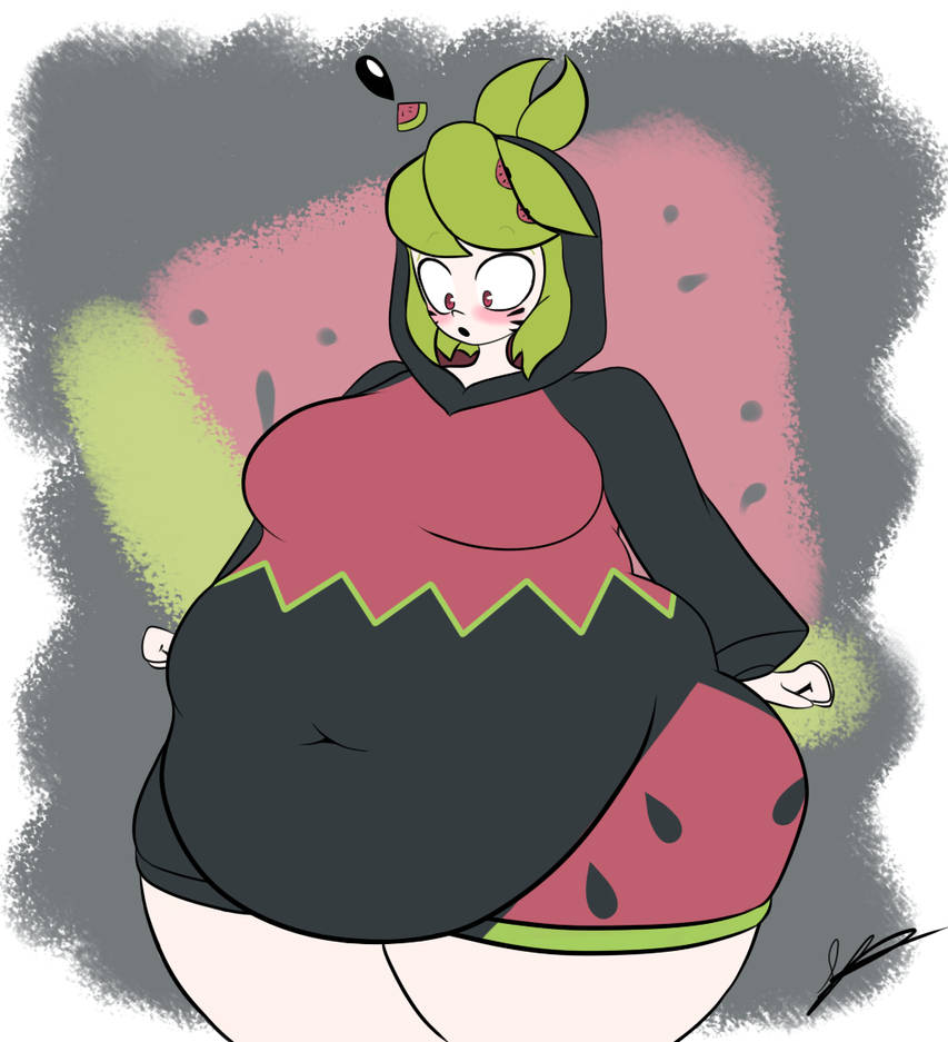 adorable bbw belly_overhang chubby chubby_female cute fat fat_belly fat_girl green_hair melony_(smg4) mr_just1ce obese obese_female red_eyes smg4