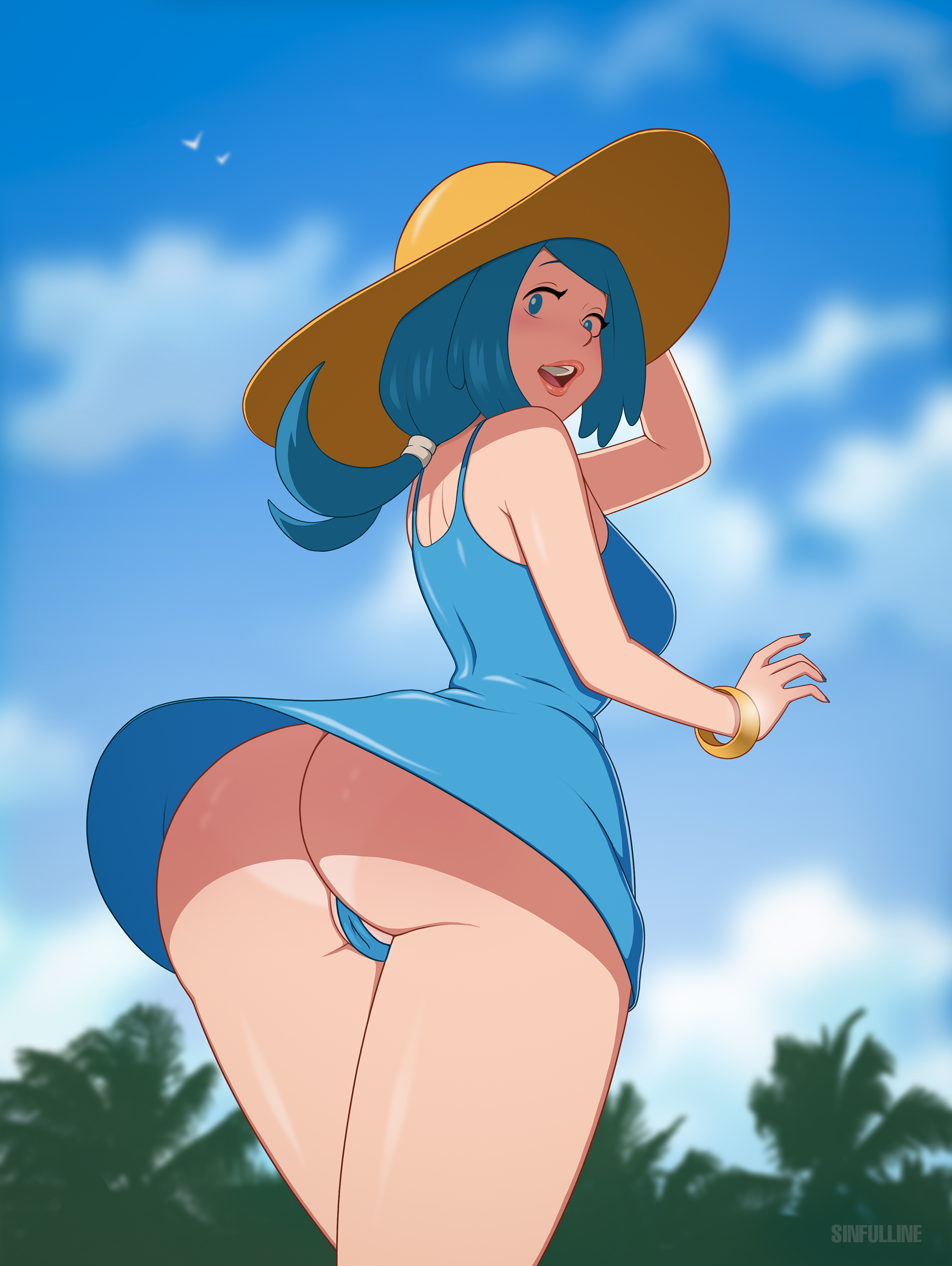 1girls, alternate version available, armwear, ass, big ass, big breasts, blue dress, blue eyes, blue hair, blue nail polish, blue nails, blue panties, bottomwear, bracelet, breasts, dress, female, female only, game freak, hat, headwear, huge ass, lana's mother (pokemon), lips, mature, mature female, milf, nail polish, nails, open mouth, panties, pokemon, pokemon sm, sinfulline, solo, solo female, sun hat, tanline, tanlines, thick thighs, thighs