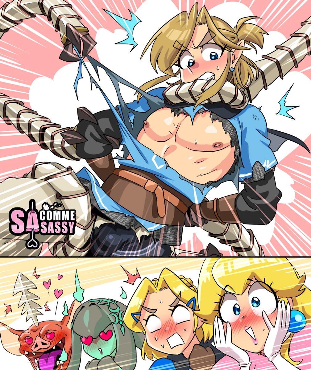2koma, blonde hair, blue eyes, blush, bokoblin, breath of the wild, bulge, chest, comic, crossover, drooling, earrings, female, ghost, heart eyes, link, link (breath of the wild), male, male focus, malesub, mario (series), mipha, nintendo, nipples, pretty boy, princess peach, princess zelda, ripped clothing, sasatseng, sweat, tears of the kingdom, the legend of zelda, zelda (tears of the kingdom), zora