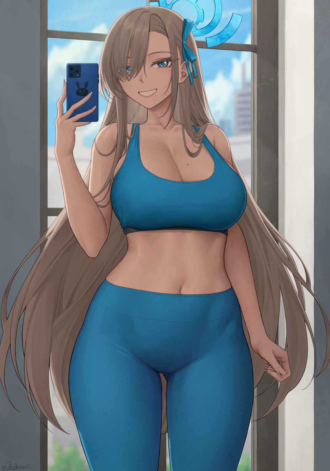 1girls, asuna (blue archive), blonde hair, blue archive, blue eyes, breasts, female, grin, hair over one eye, hips, huge breasts, indoors, light skin, light-skinned female, long hair, millennium science school student, selfie, slim waist, smile, sports bra, sportswear, tank top, thick thighs, thighs, very long hair, wide hips, yoga pants, zaphn