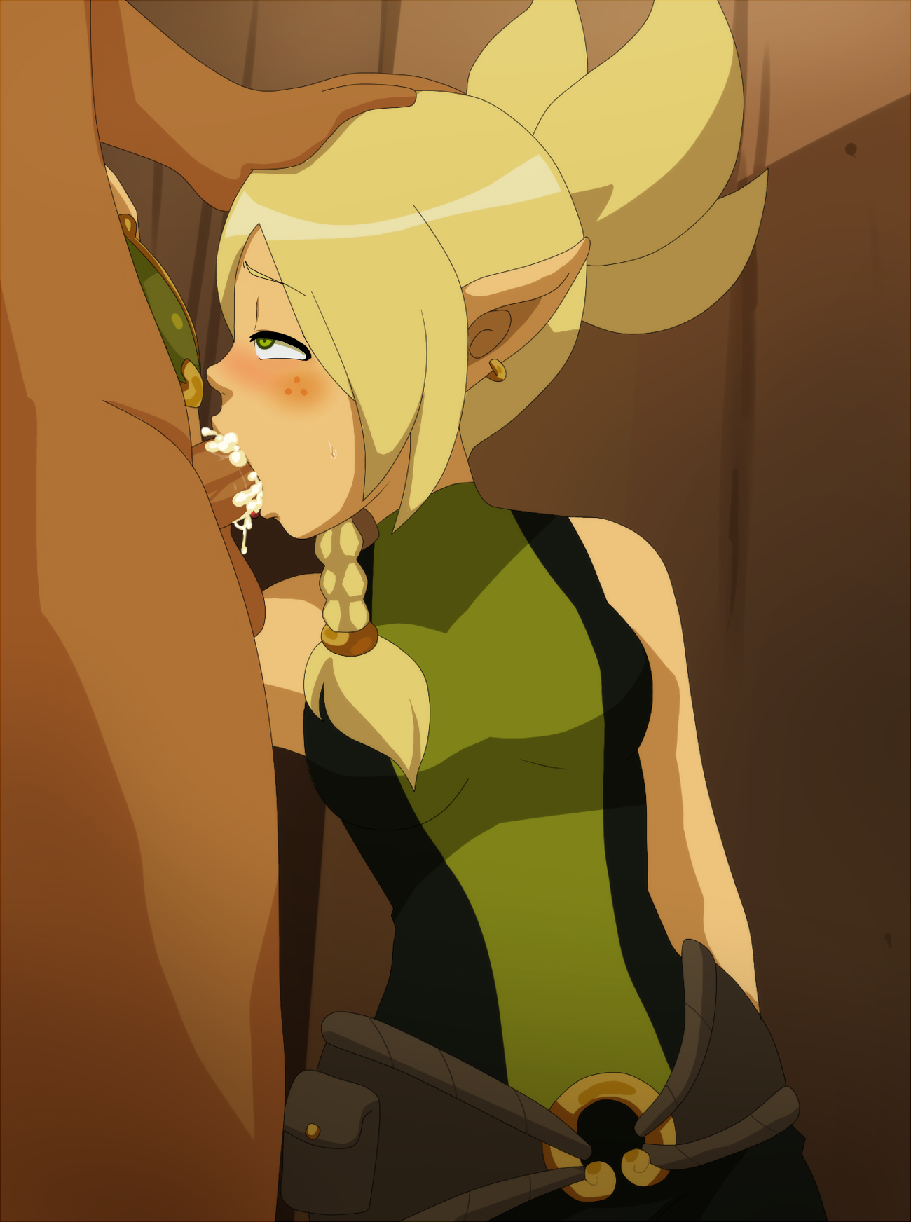 ankama, blonde hair, blush, cleophee, clothed female nude male, clothes, cra, cum, cum in mouth, cum inside, dark skin, dark-skinned male, deareditor, deepthroat, elf, fellatio, female, freckles, green eyes, hand on head, male, nude, oral, straight, sweat, wakfu