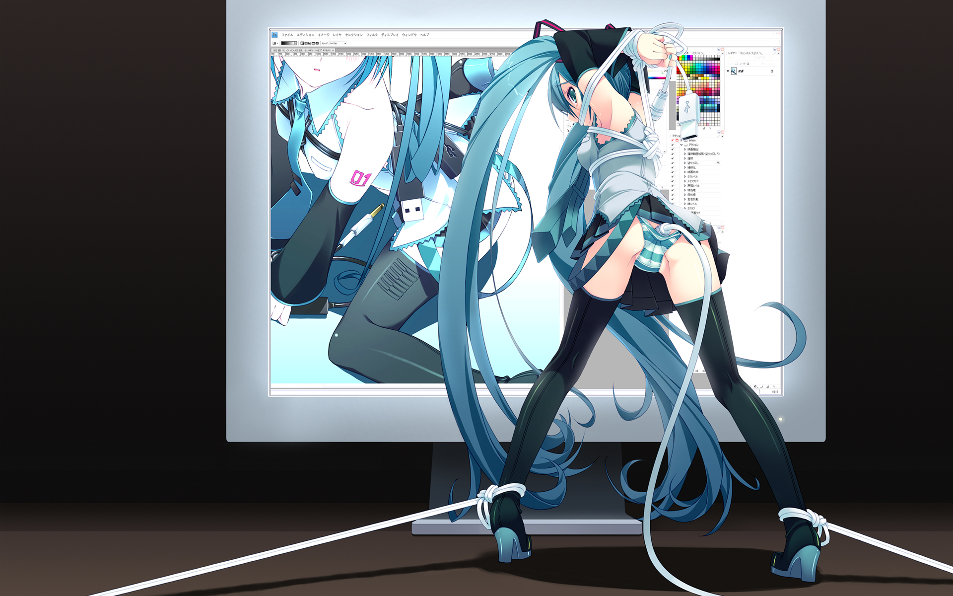 1girl, 1girls, anal insertion, aqua eyes, aqua hair, armpits, ass, bondage, boots, detached sleeves, female, full body, hatsune miku, high heels, legs, long hair, monitor, murakami suigun, necktie, panties, restrained, screen, sex toy, skirt, skirt lift, solo, standing, striped, striped panties, thigh boots, thighhighs, tied hair, twintails, underwear, very long hair, vocaloid, zettai ryouiki, zoom layer